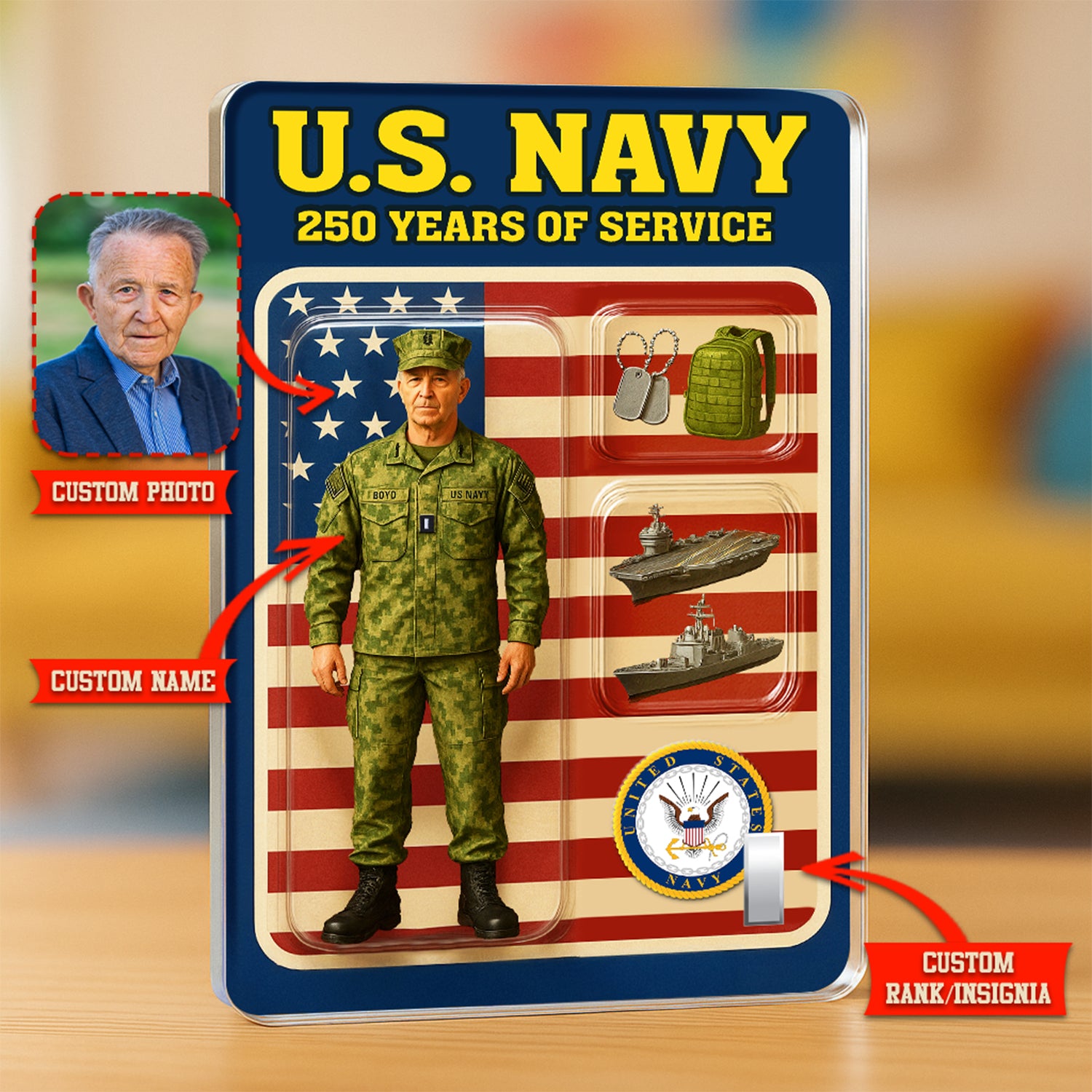 Personalized US Navy 250th Years Of Service Custom Figure Officer Working Uniform Acrylic Block