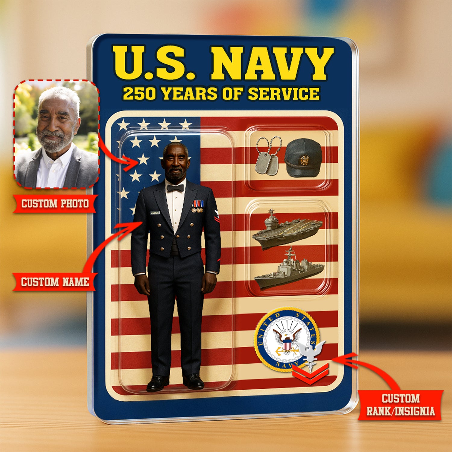 Personalized US Navy 250th Years Of Service Custom Figure Enlisted Dinner Dress Uniform Acrylic Block