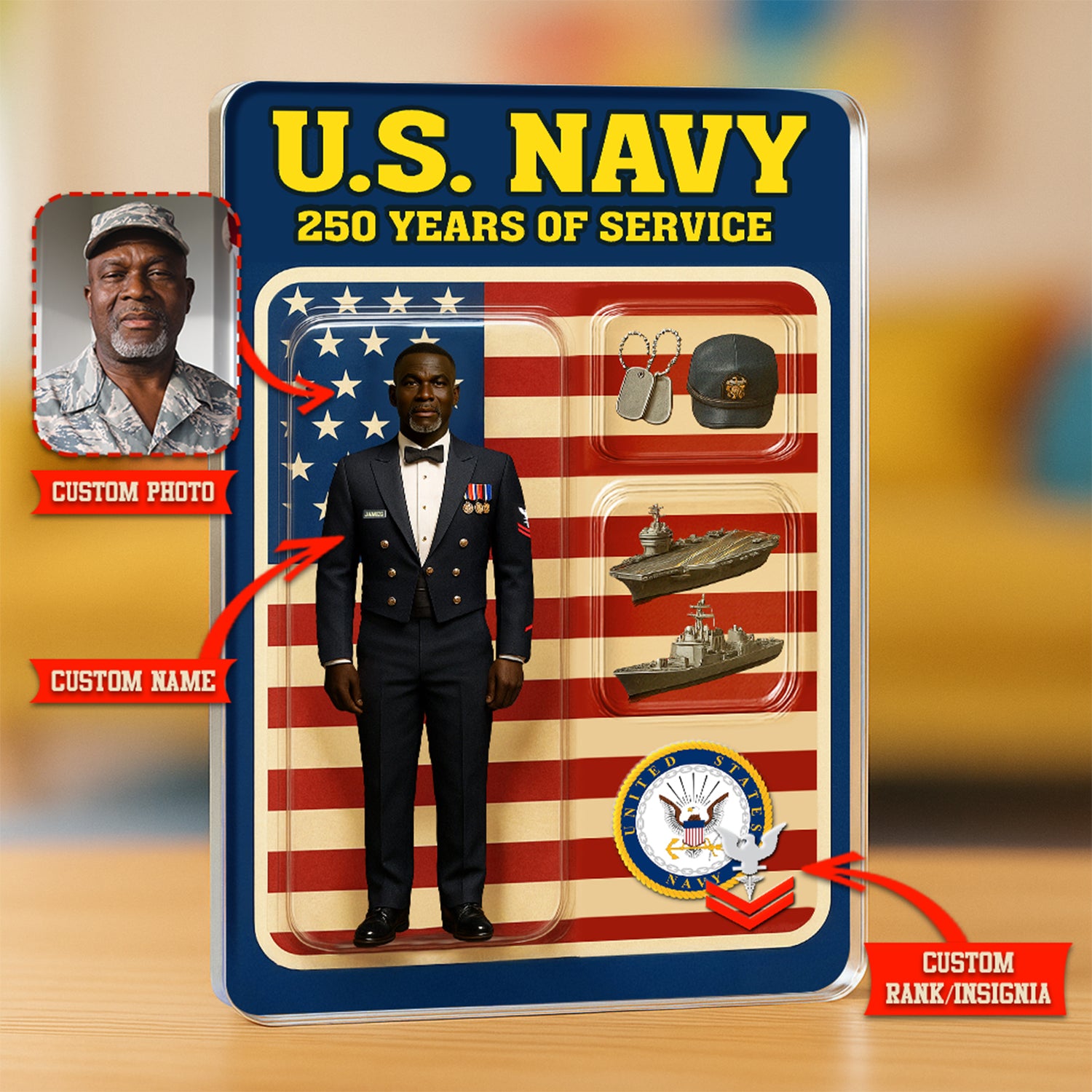 Personalized US Navy 250th Years Of Service Custom Figure Enlisted Dinner Dress Uniform Acrylic Block