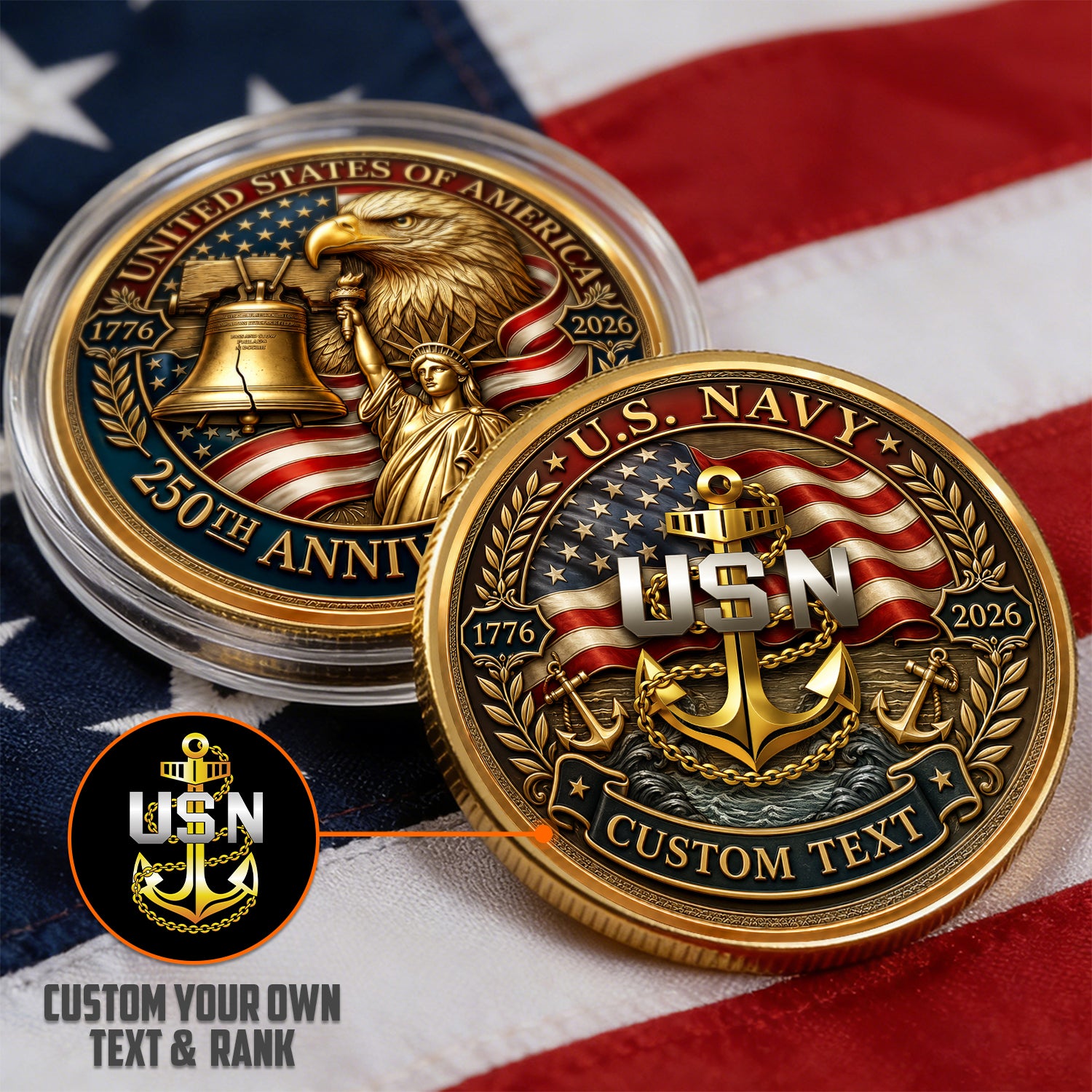 Personalized U.S. Navy Anchor Coin America 250 Anniversary Gift