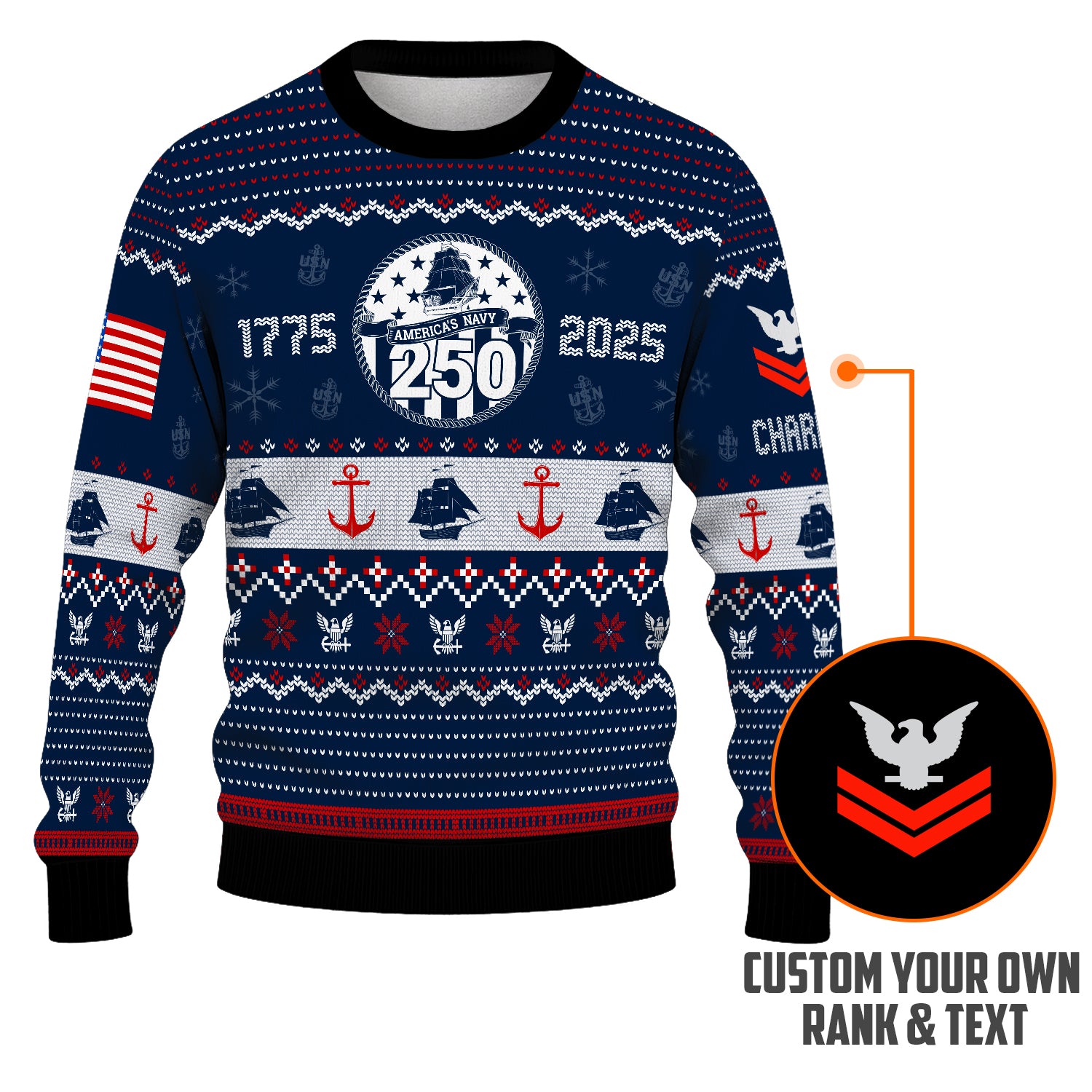 Custom Ranks And Text US Navy Ugly Christmas Sweater for Women Men JUST03