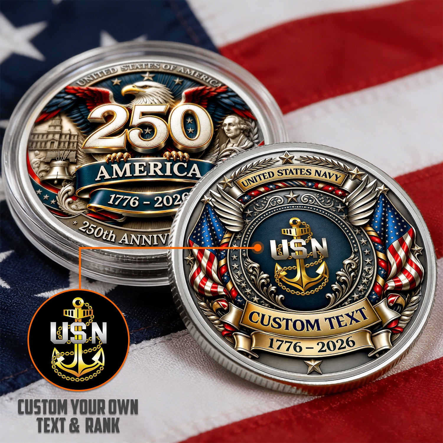 America 250 U.S. Navy Challenge Coin Personalized Veteran Gift