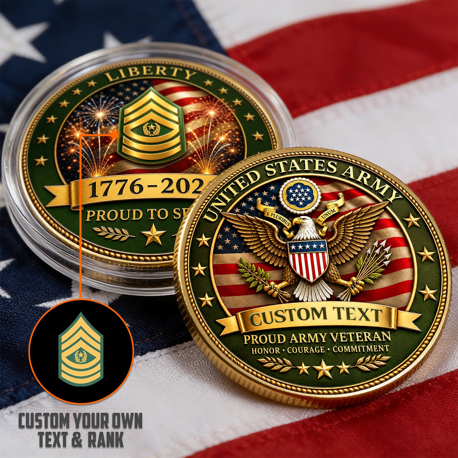Personalized U.S. Army Veteran Rank Challenge Coin – Custom Text & Rank