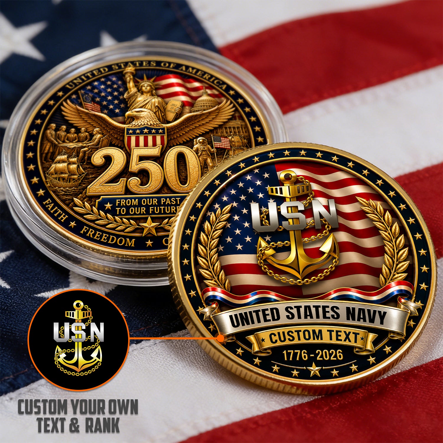 Personalized Navy Military Coin America 250 Veteran Present