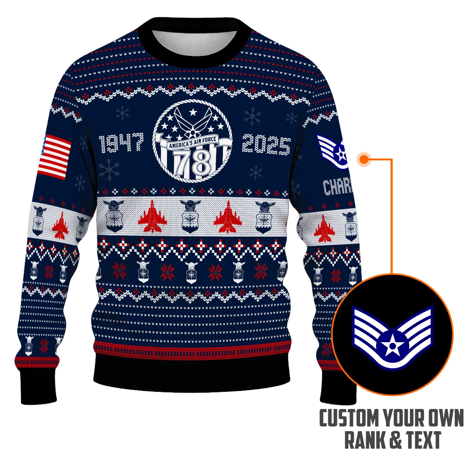 Custom Ranks And Text US Air Force Ugly Christmas Sweater for Women Men JUST03