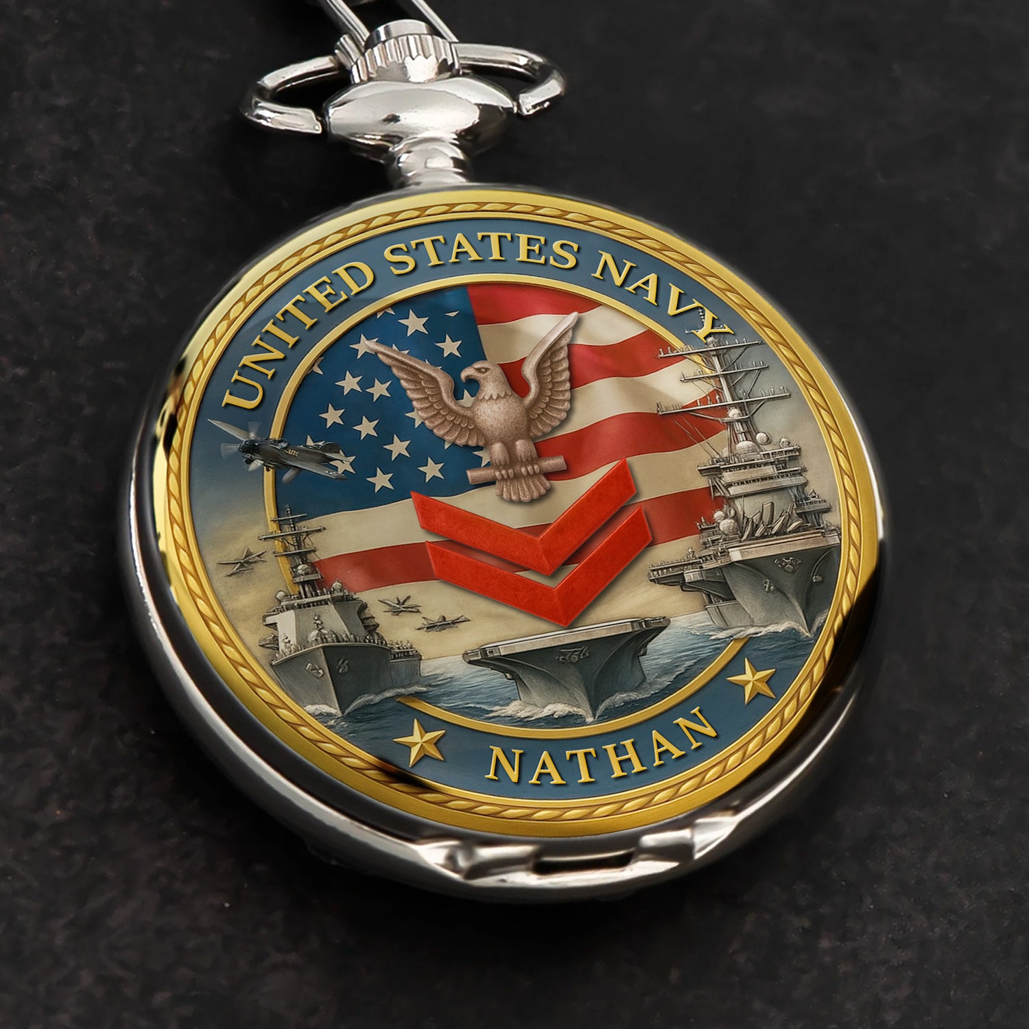 Personalized US Navy 250th Anniversary Custom Ranks/Insignia And Text Round Pocket Watch