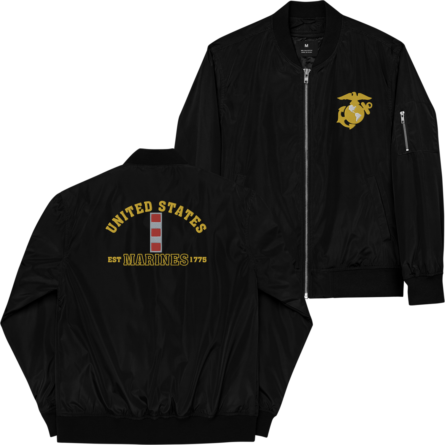 US Marines EST. 1775, Custom MARlNE Ranks, Insignia On Back, Embroidered Recycled Bomber Jacket