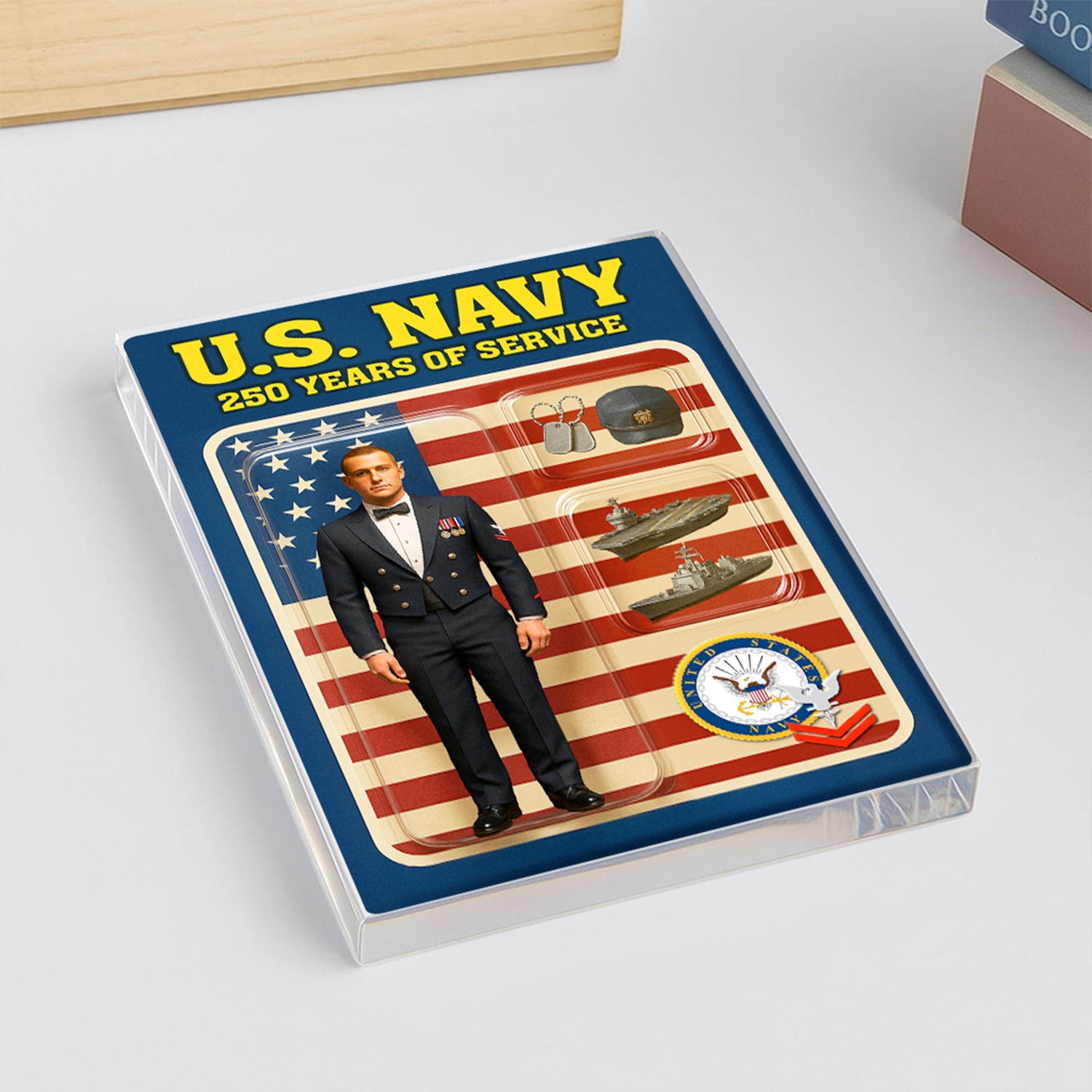 Personalized US Navy 250th Years Of Service Custom Figure Enlisted Ceremonial Uniform Acrylic Block