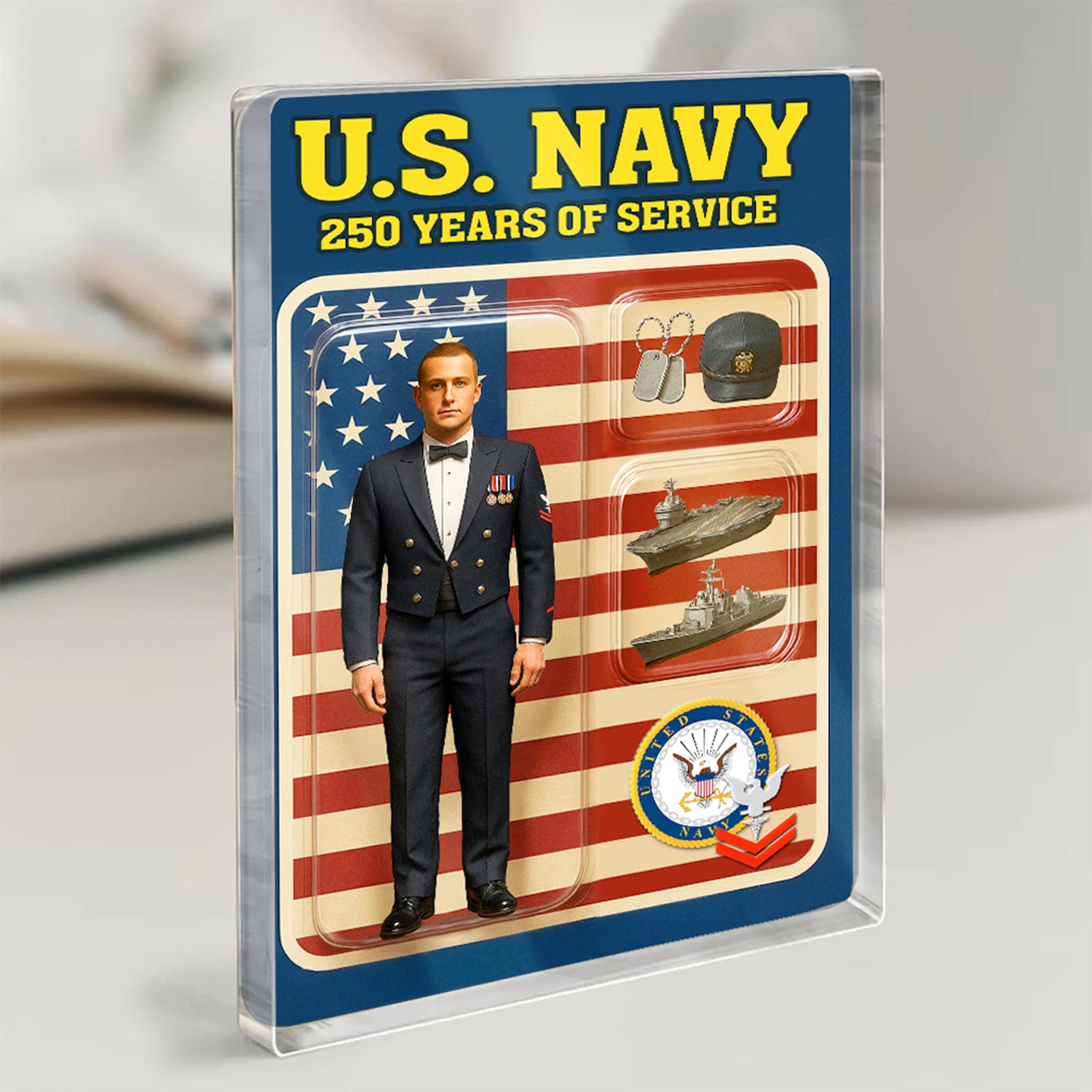 Personalized US Navy 250th Years Of Service Custom Figure Enlisted Ceremonial Uniform Acrylic Block