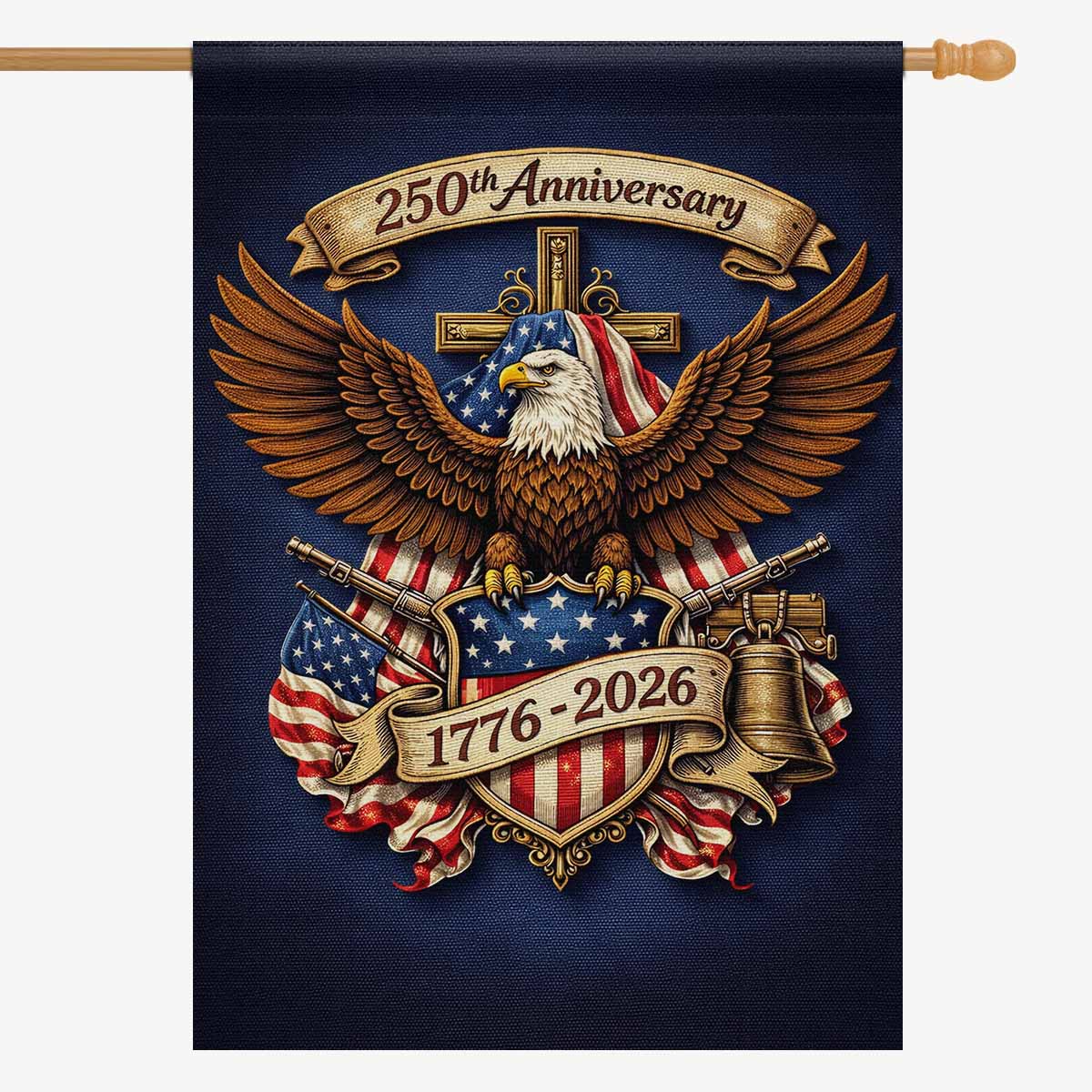 America 250 House Flag Patriotic Eagle Liberty Bell Cross 1776-2026 Anniversary