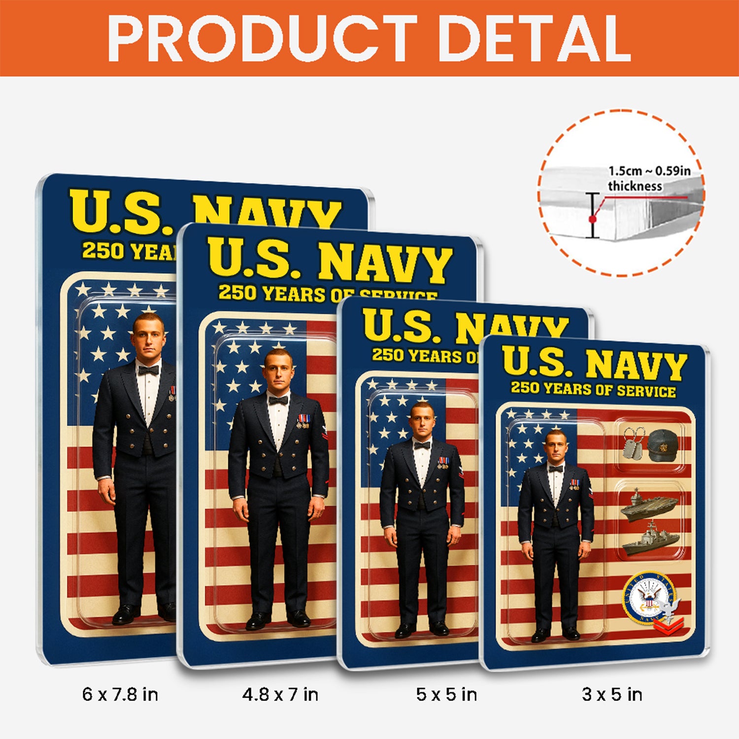 Personalized US Navy 250th Years Of Service Custom Figure Enlisted Ceremonial Uniform Acrylic Block