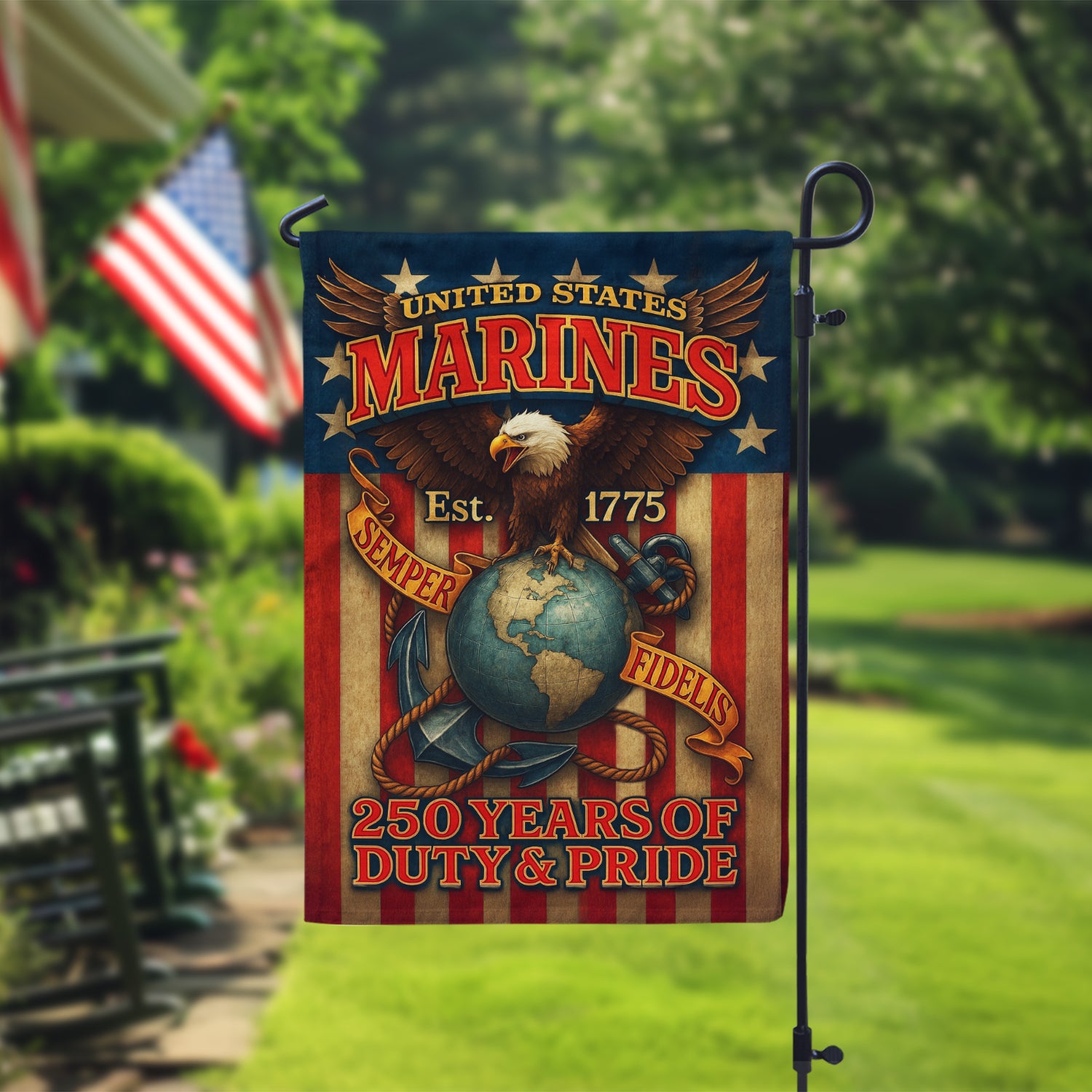 MARlNE 250 Years Duty & Pride Garden Flag 12" x 18" Twin-Side Printing