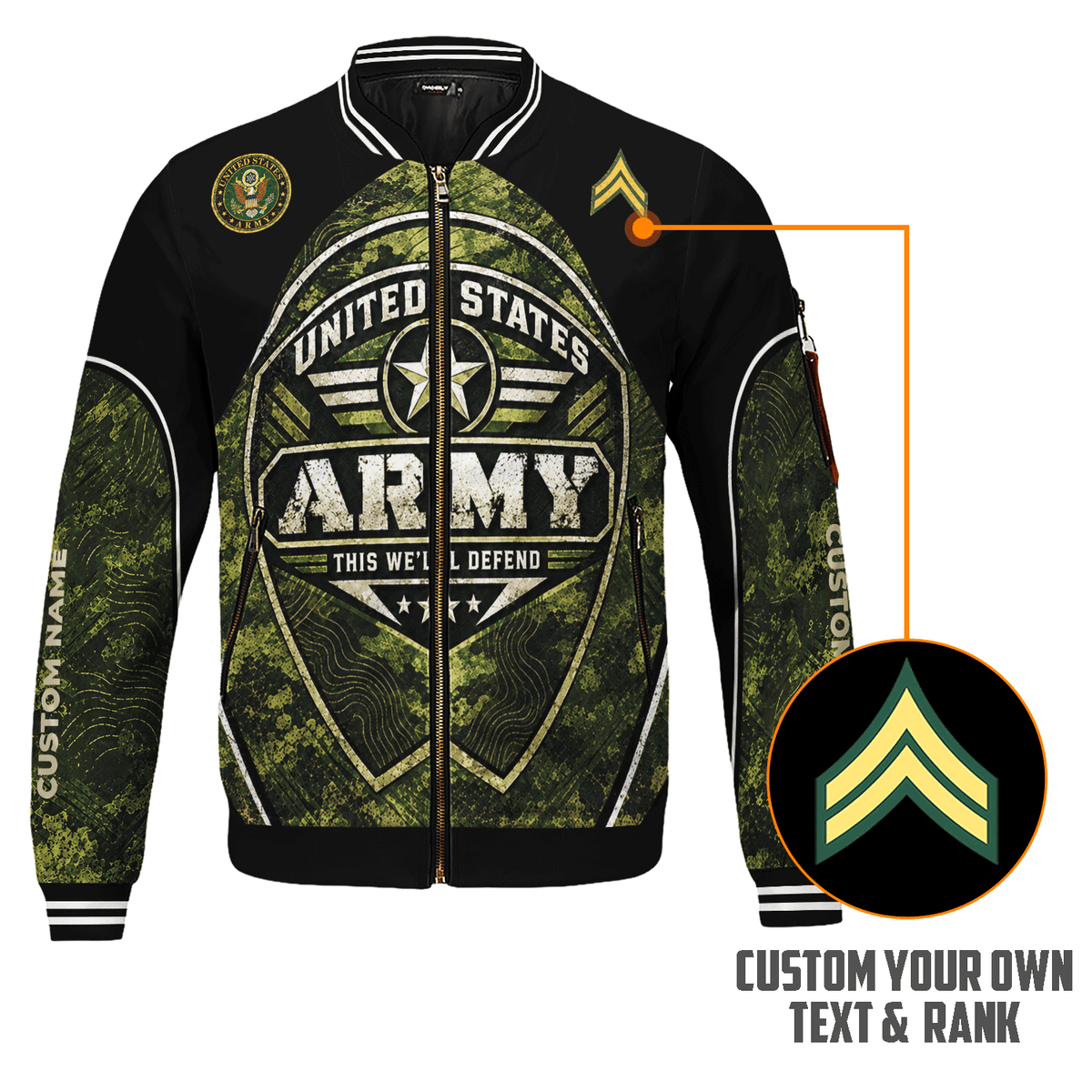 Custom U.S. Army Bomber Jacket Personalized Military Rank Text for Men
