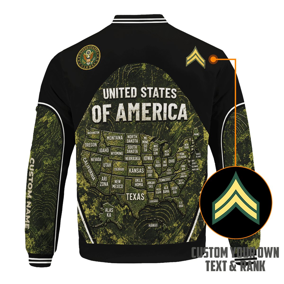 Custom U.S. Army Bomber Jacket Personalized Military Rank Text for Men