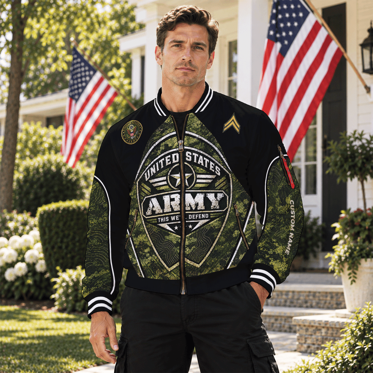 Custom U.S. Army Bomber Jacket Personalized Military Rank Text for Men