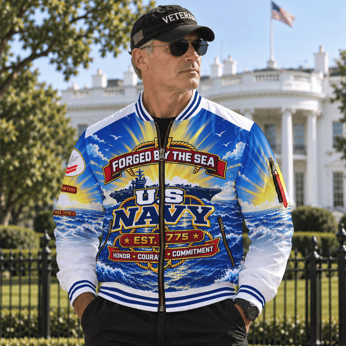 Personalized Navy Fleet Bomber Jacket Custom Military Rank & Service Text