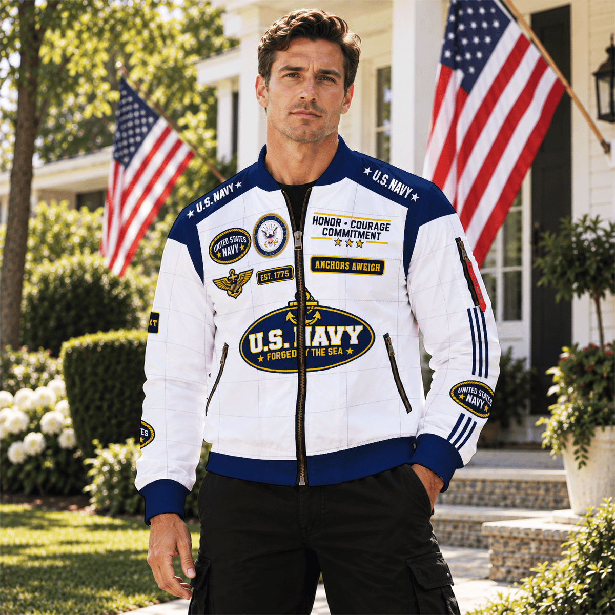Personalized Navy Veteran Bomber Jacket Custom Service Rank & Name