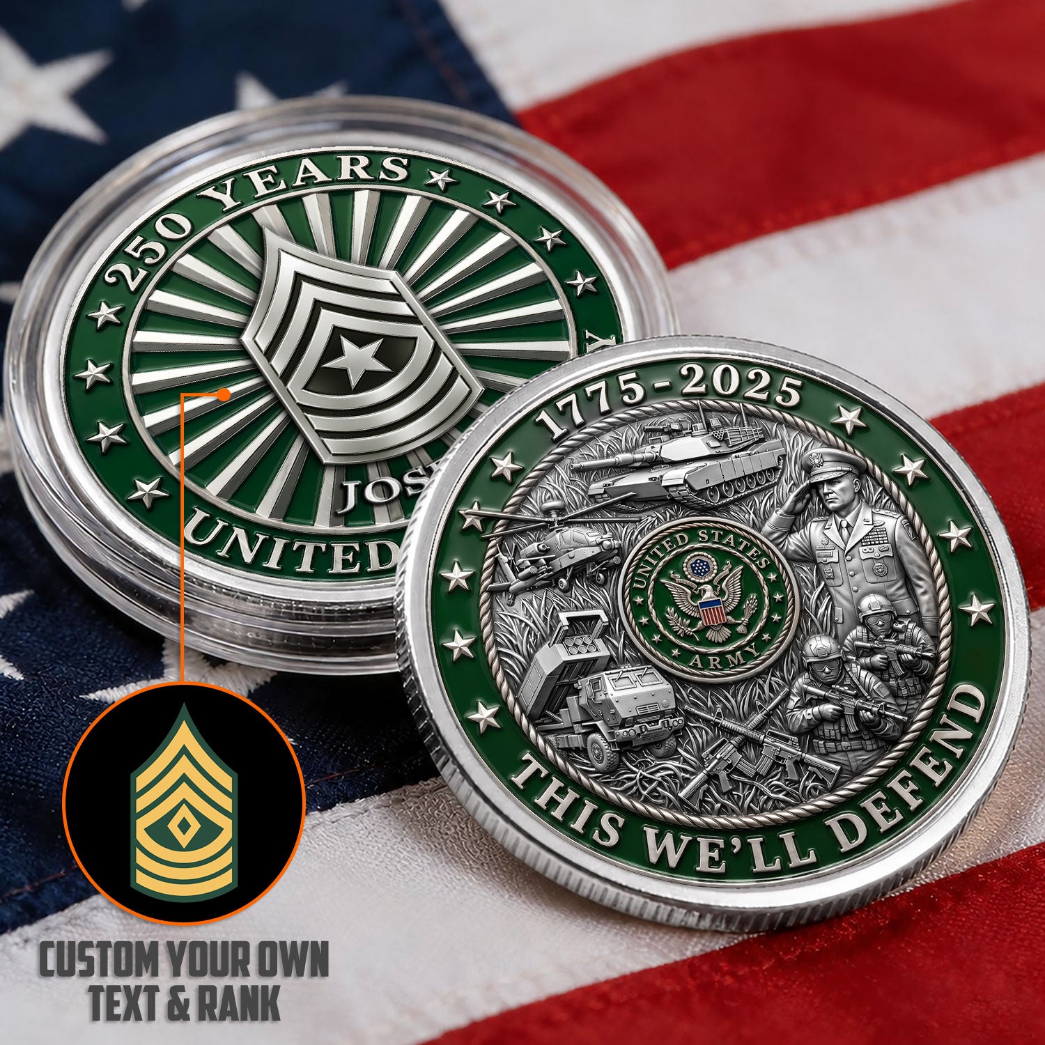 USA 250th Anniversary Custom Army Rank 3D Challenge Coin Veteran Gift