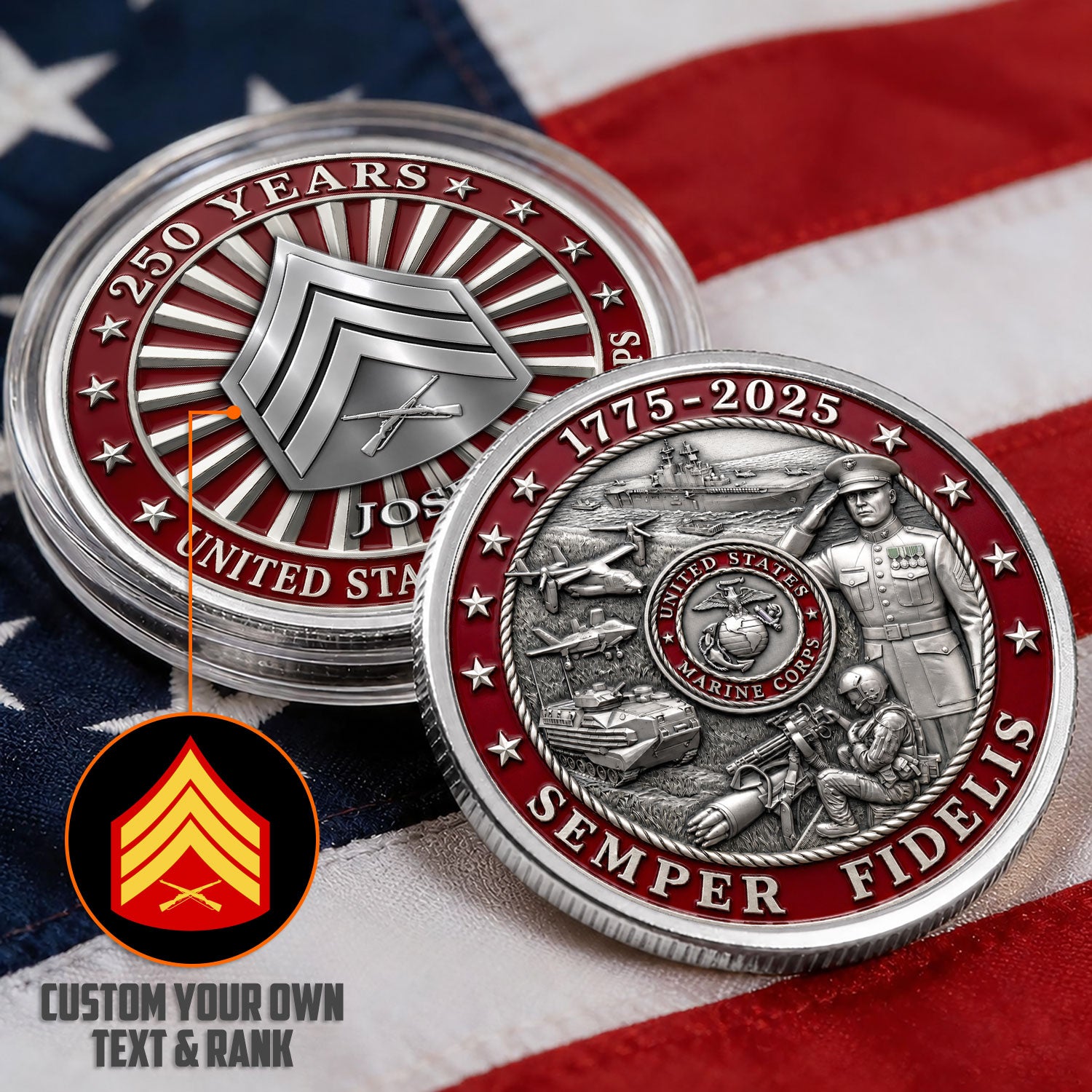 Personalized USMC Rank USA 250th Anniversary 3D Challenge Coin