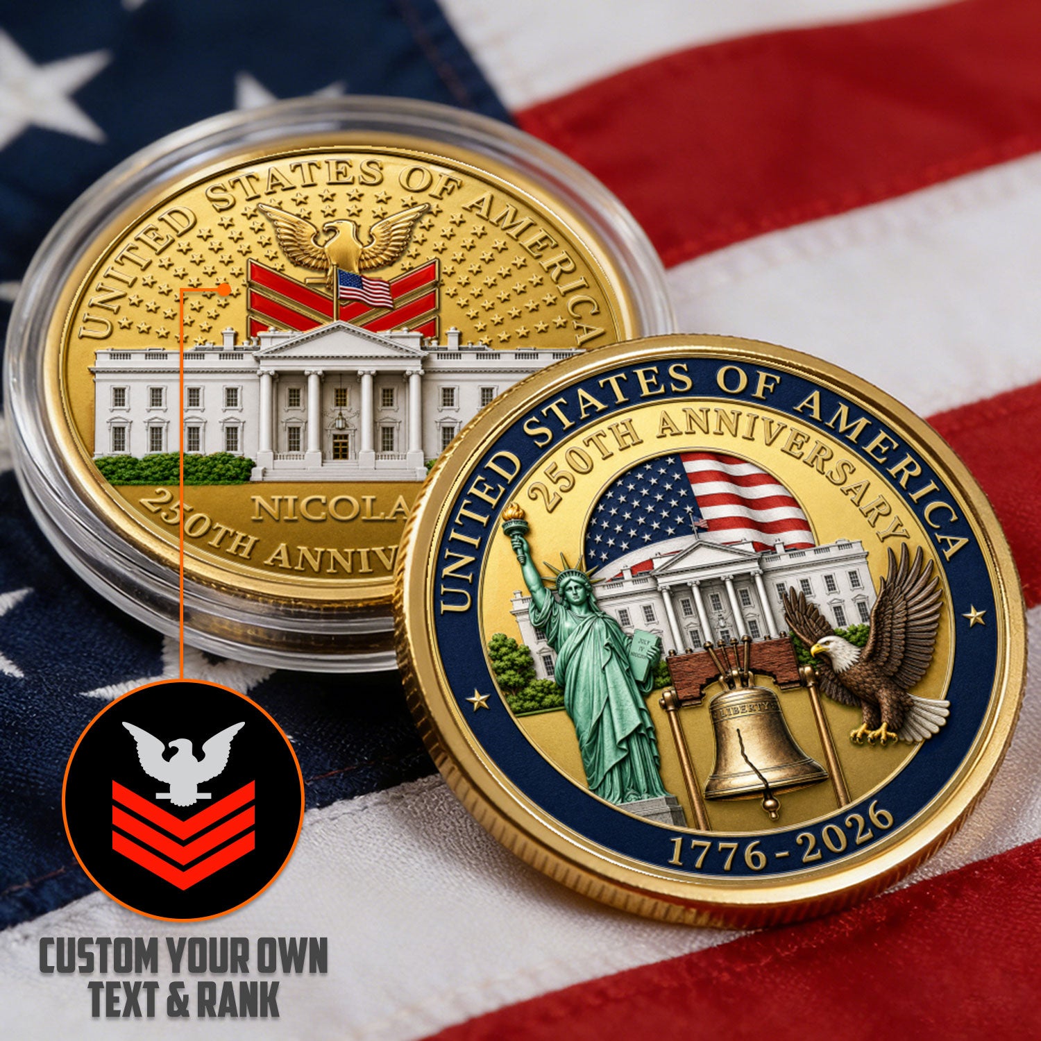 USA 250th Anniversary Custom Rank Name 3D Challenge Coin Gift