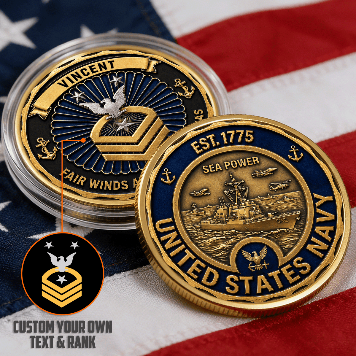 Custom US Navy Military Rank Name 3D Challenge Coin Tribute