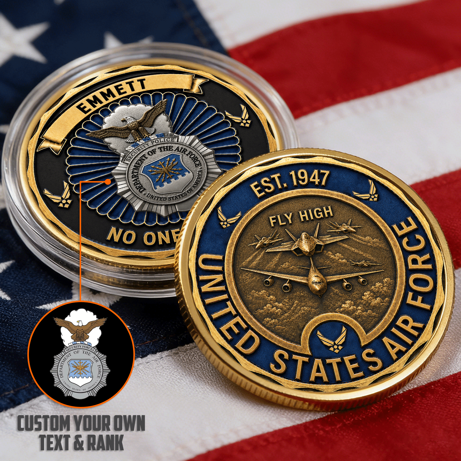 Personalized US Air Force Achievement Rank 3D Challenge Coin