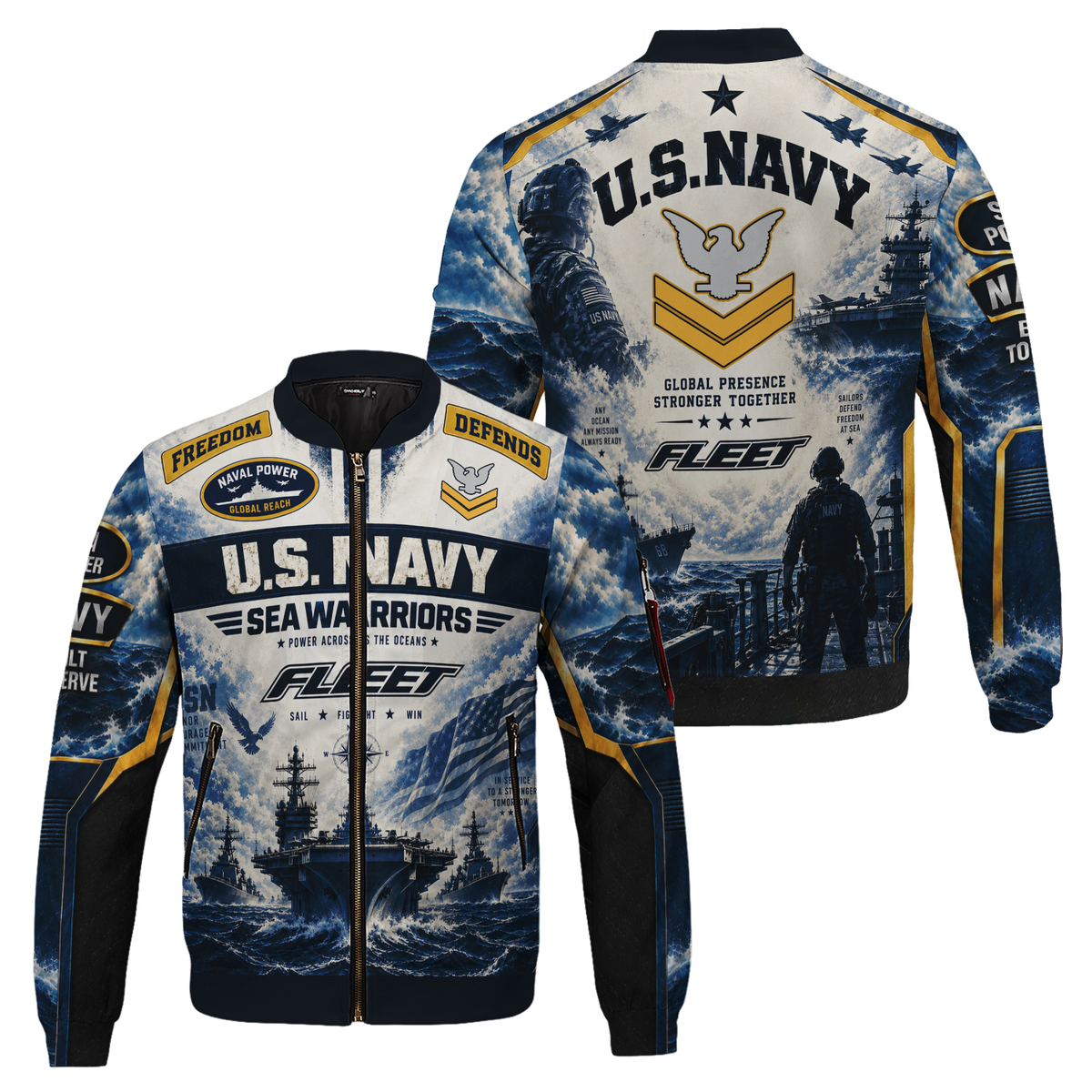 Custom U.S. Navy Military Bomber Jacket with Personalized Rank Text