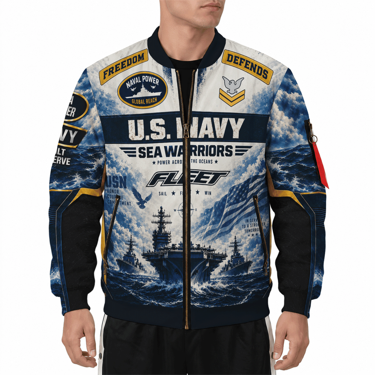 Custom U.S. Navy Military Bomber Jacket with Personalized Rank Text