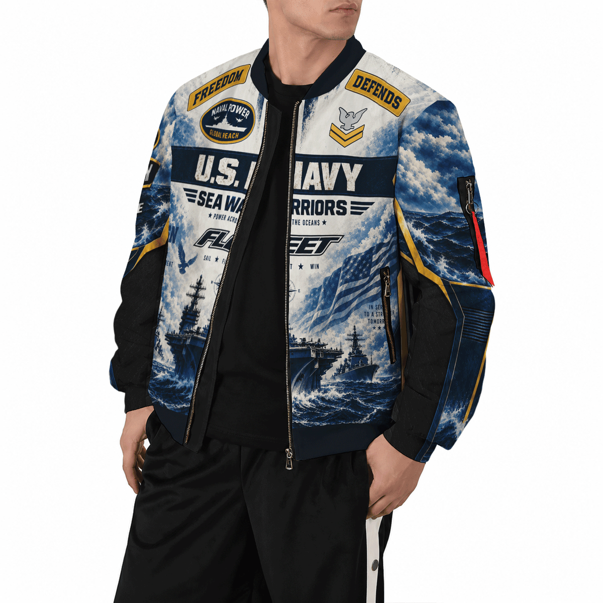 Custom U.S. Navy Military Bomber Jacket with Personalized Rank Text