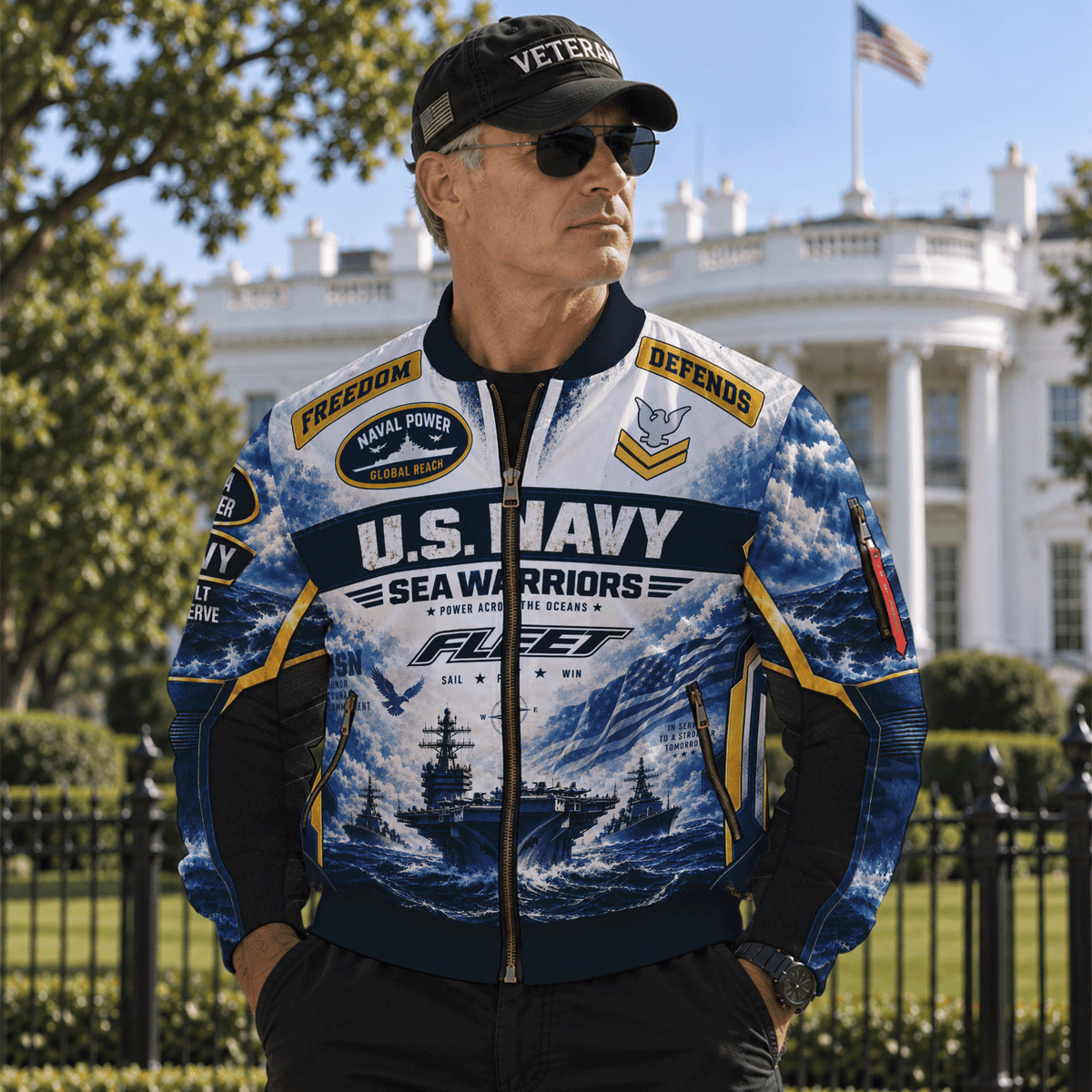 Custom U.S. Navy Military Bomber Jacket with Personalized Rank Text