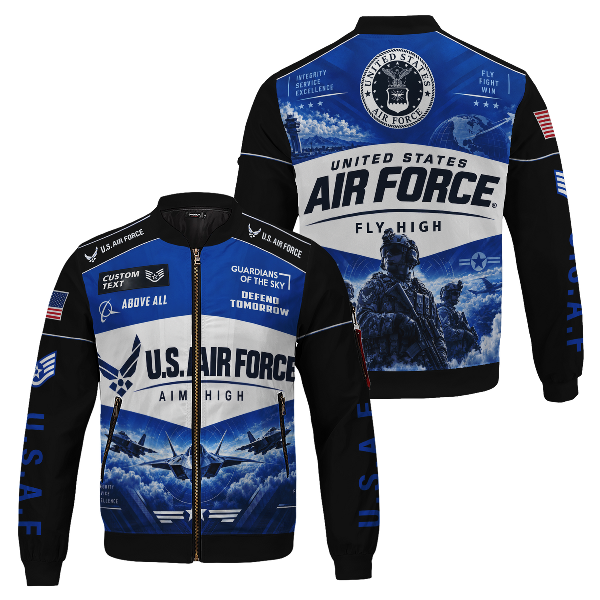Personalized USAF Bomber Jacket Custom Veteran Rank Service Text