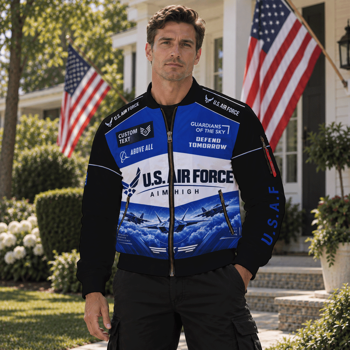 Personalized USAF Bomber Jacket Custom Veteran Rank Service Text