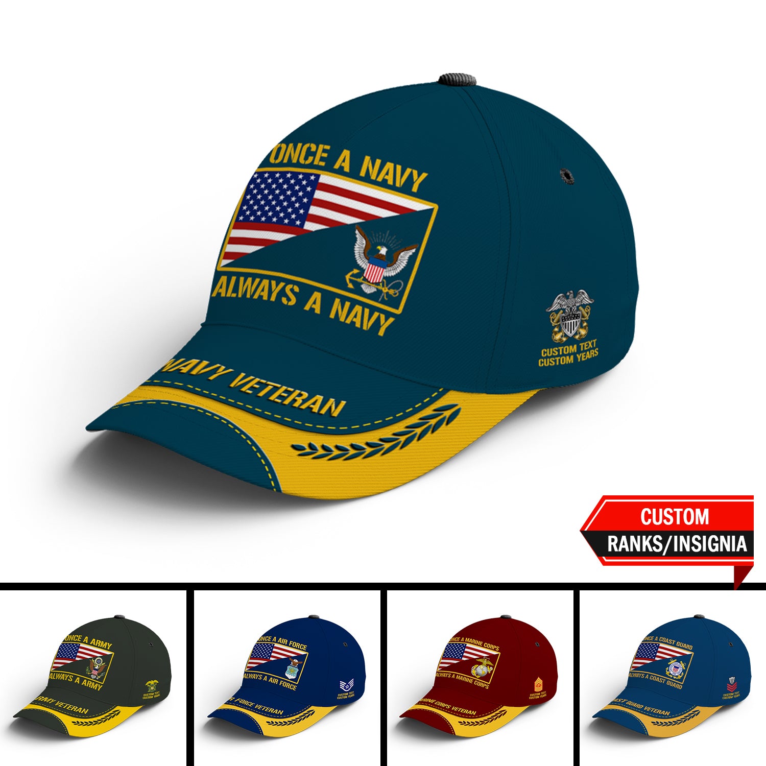 Custom Ranks/Insignia, Personalized Name And Years Served All Over Prints Premium Classic Cap JAOVC21