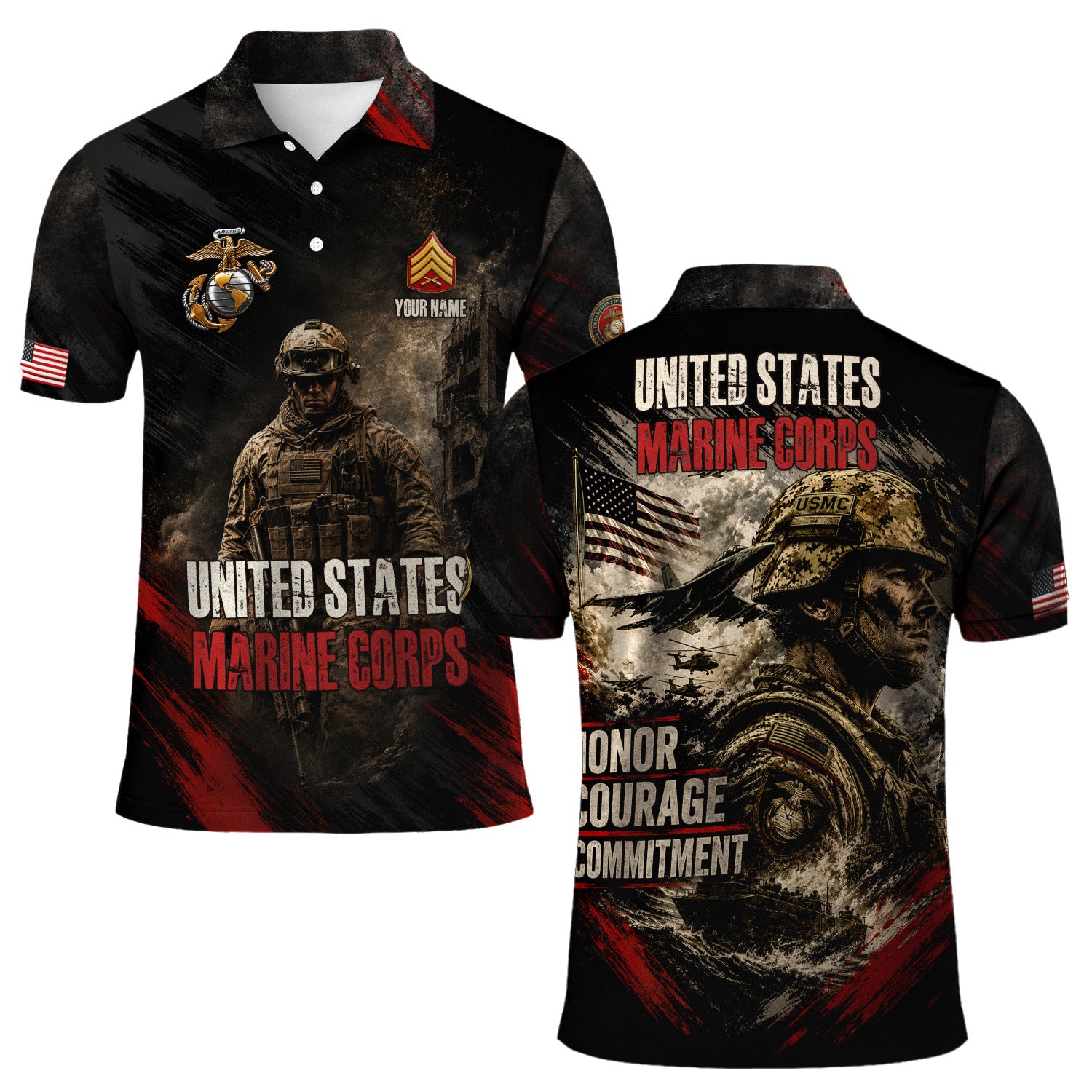 US Marine Corps Personalized Military Rank All Over Print Polo Shirt