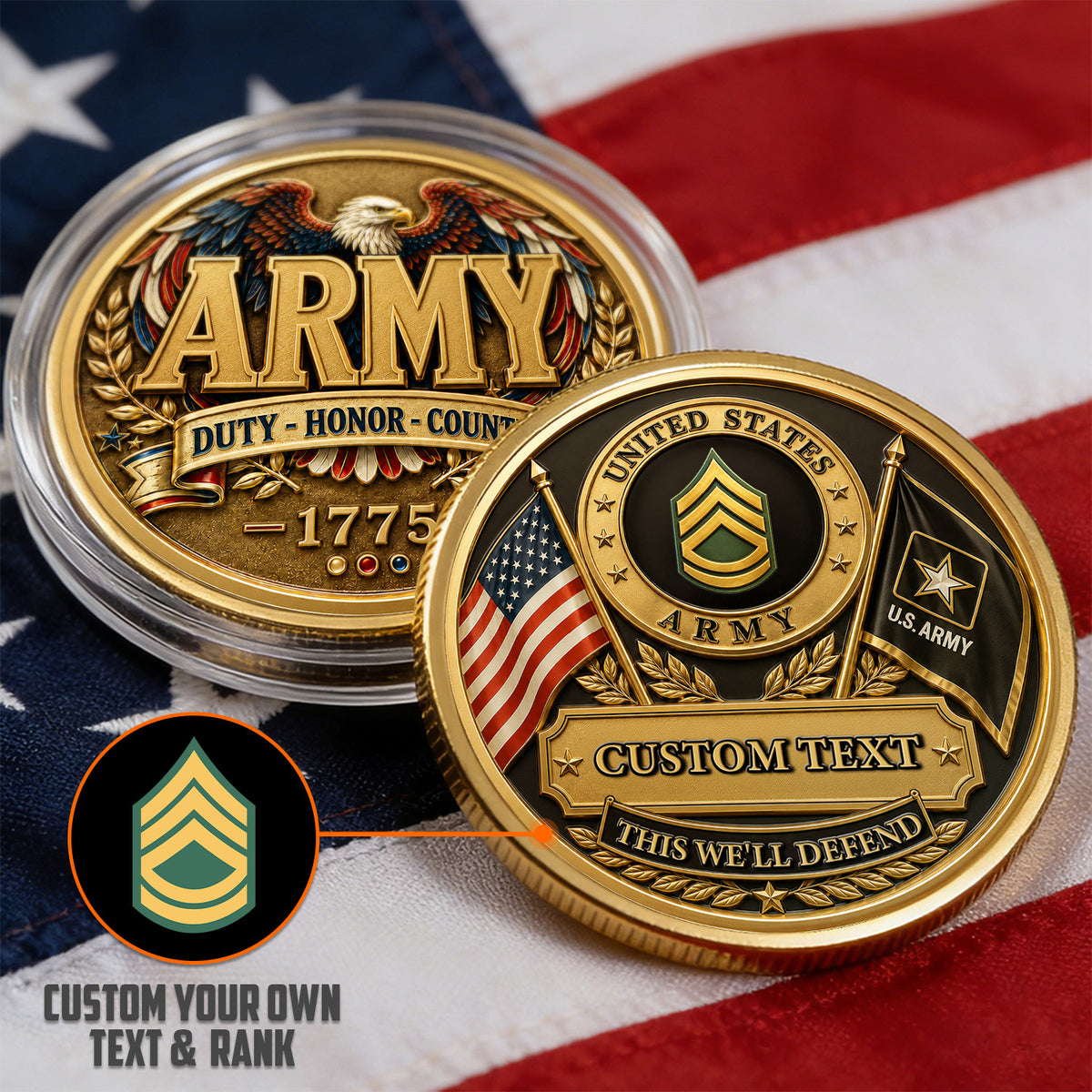 Custom Army Soldier Rank and Text 3D Challenge Coin