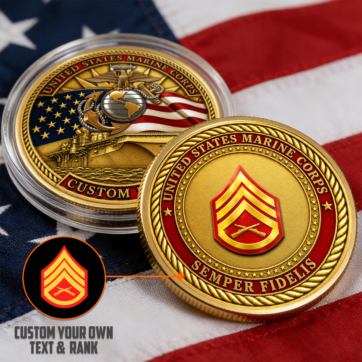 Custom USMC Enlisted Rank Text 3D Challenge Coin Gift