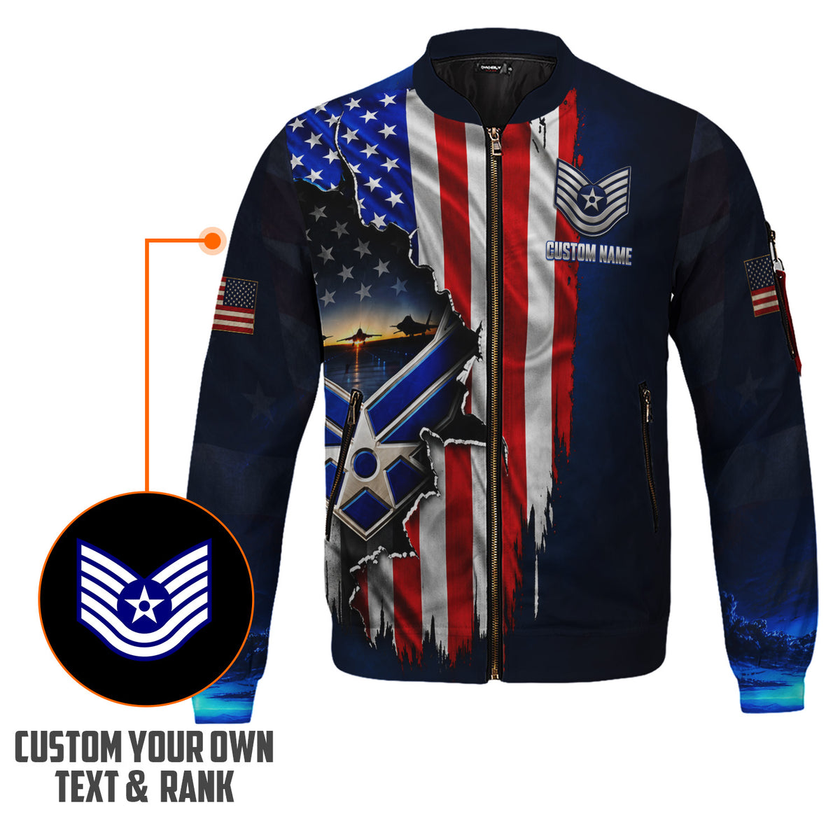 Personalized U.S. Air Force Bomber Jacket Custom Rank & Text Veteran Gift
