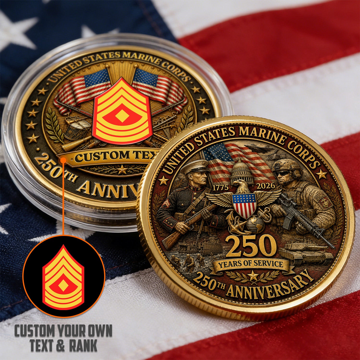 Personalized U.S. MARlNES 250th Anniversary Soldier Challenge Coin