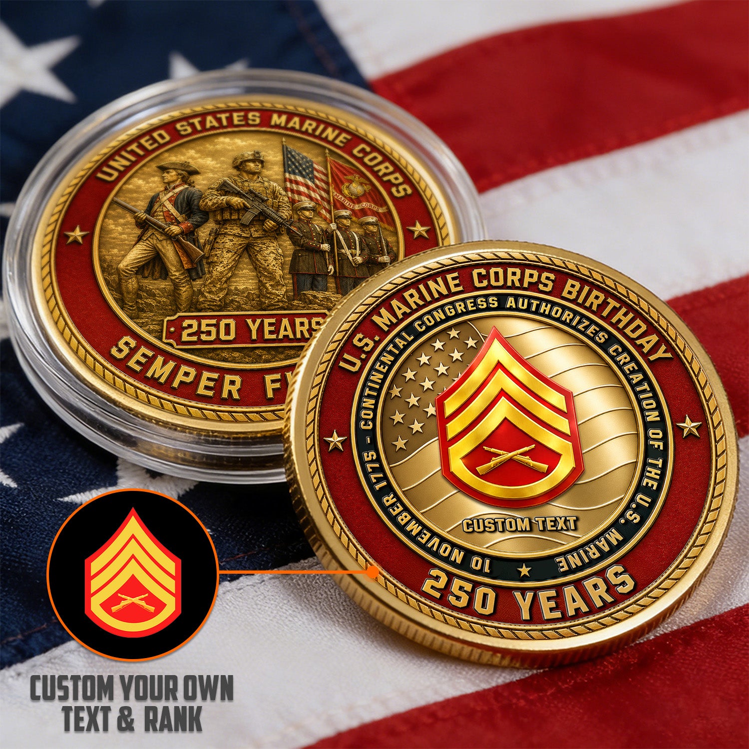 Custom USMC Veteran Photo Rank 3D Challenge Coin Gift
