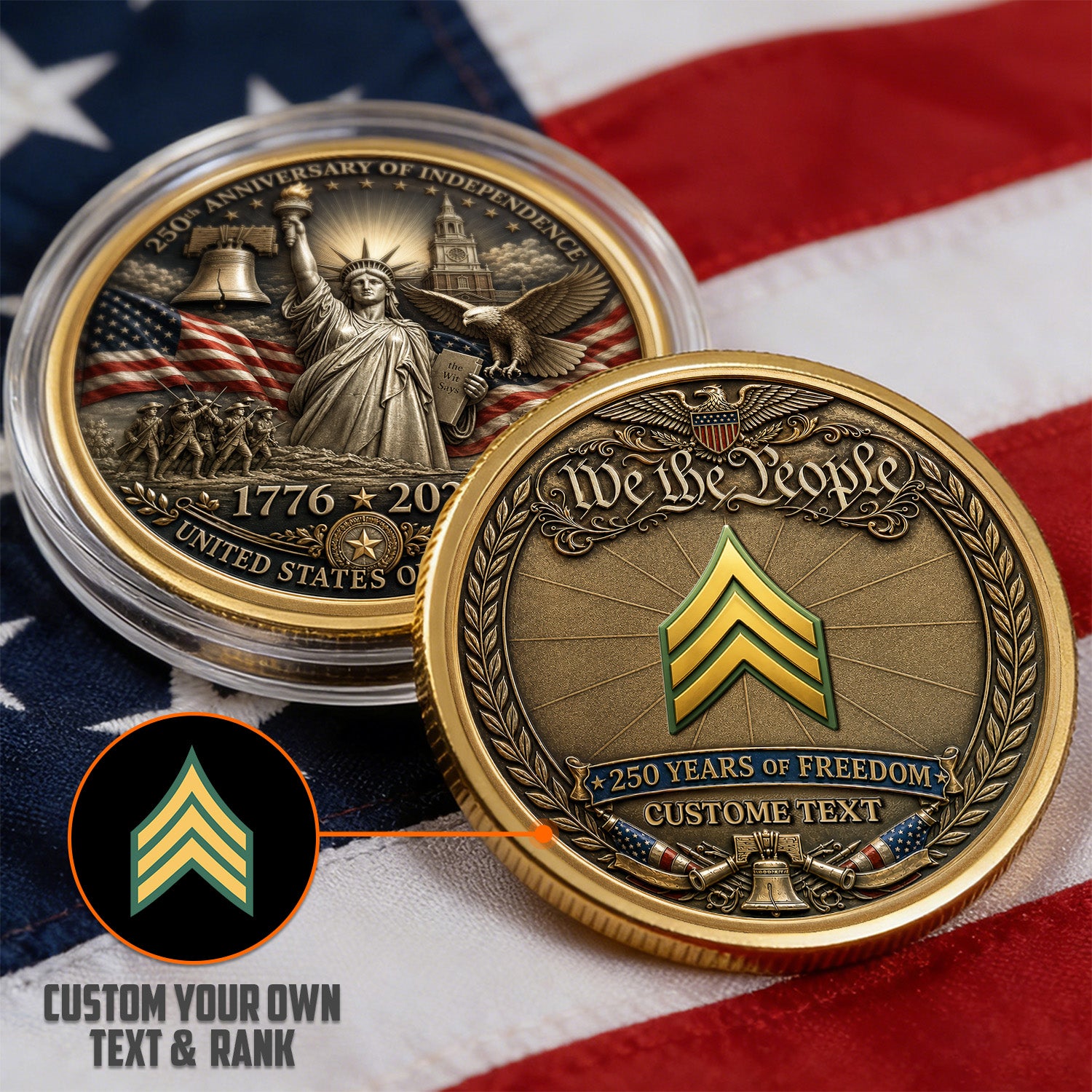 USA 250th Anniversary Custom US Army Rank Name 3D Challenge Coin Gift