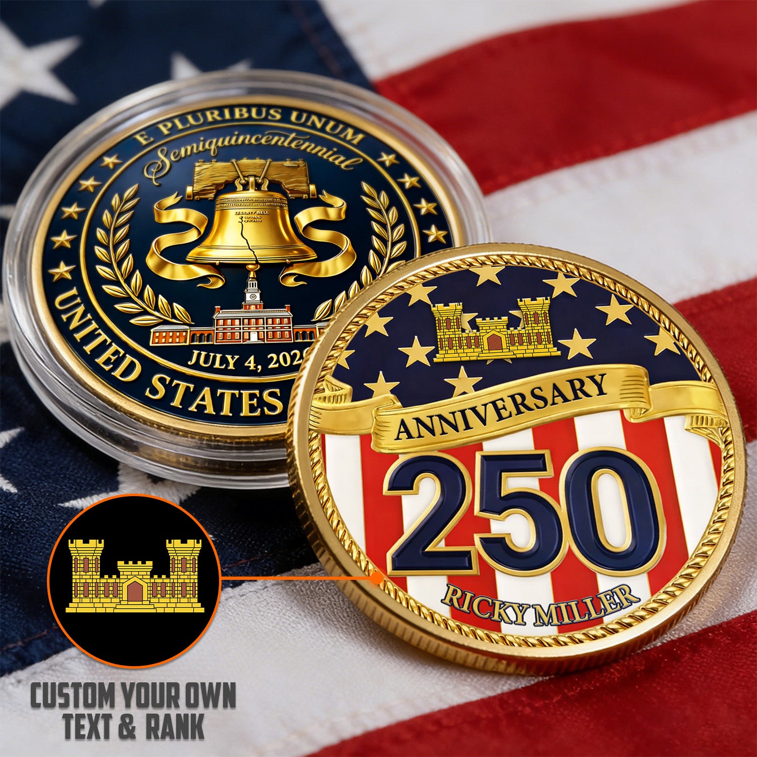USA 250 Anniversary Coin Custom Name Rank US Army Patriotic Gift
