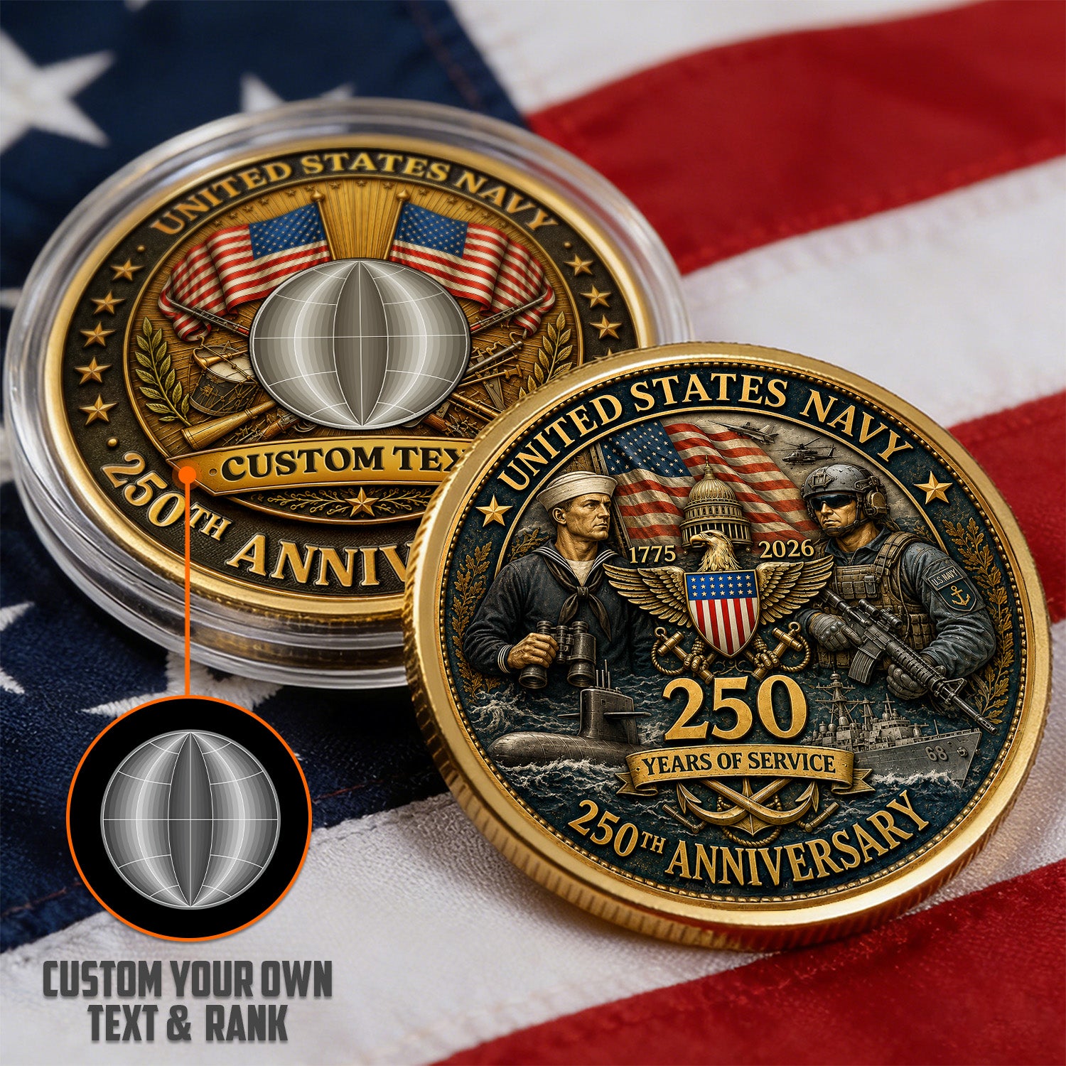 Personalized U.S. Navy 250th Anniversary Soldier Challenge Coin