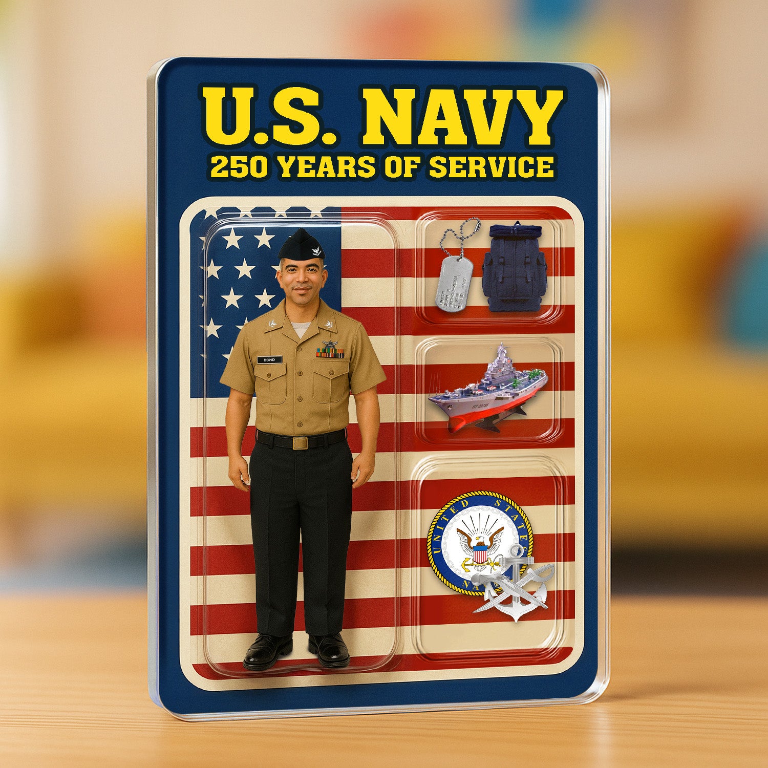 Personalized US Navy 250th Years Of Service Custom Figure Enlisted Service Uniform Acrylic Block