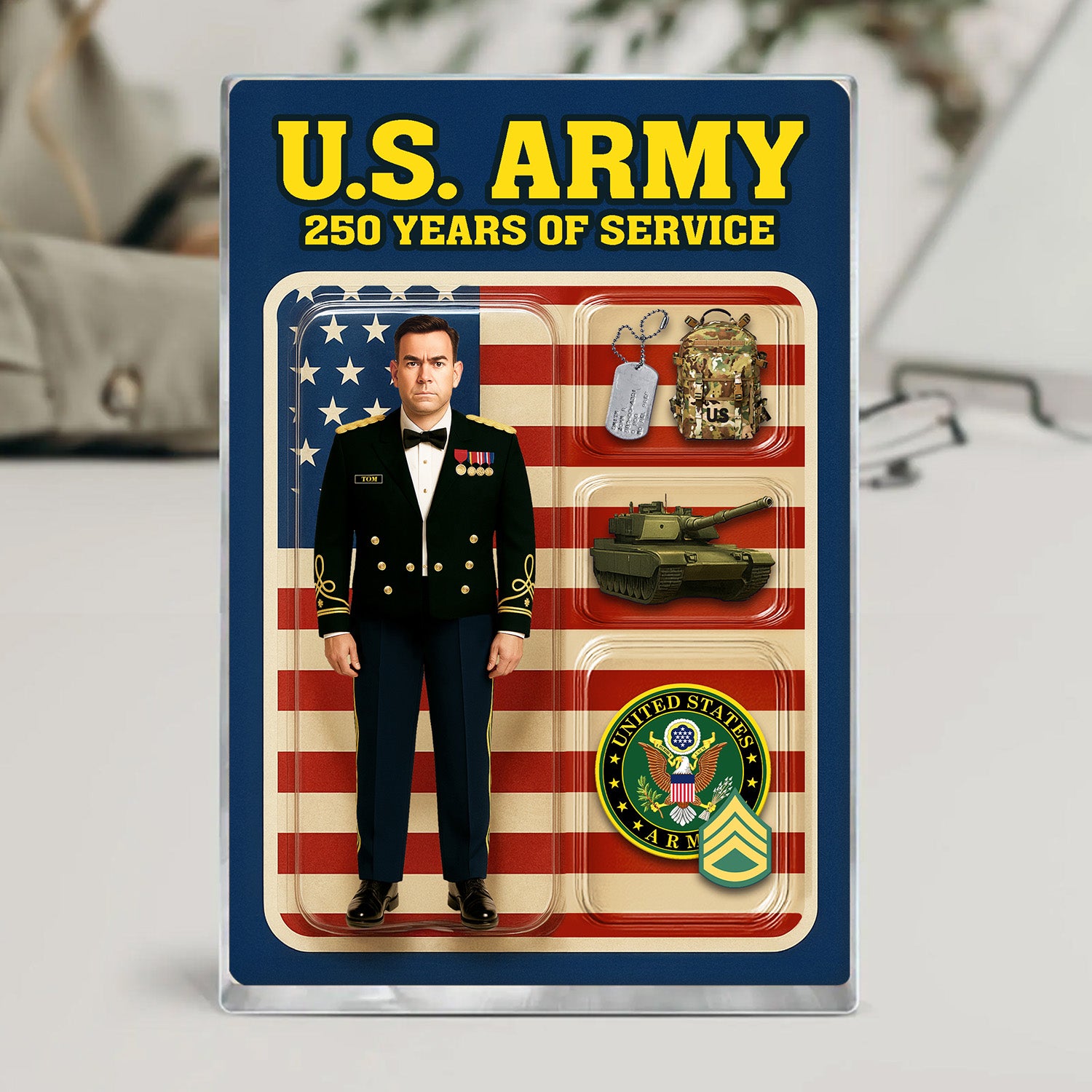Personalized US Army 250th Years Of Service Custom Figure Male Army Officer Blue Mess Dress Uniform Acrylic Block