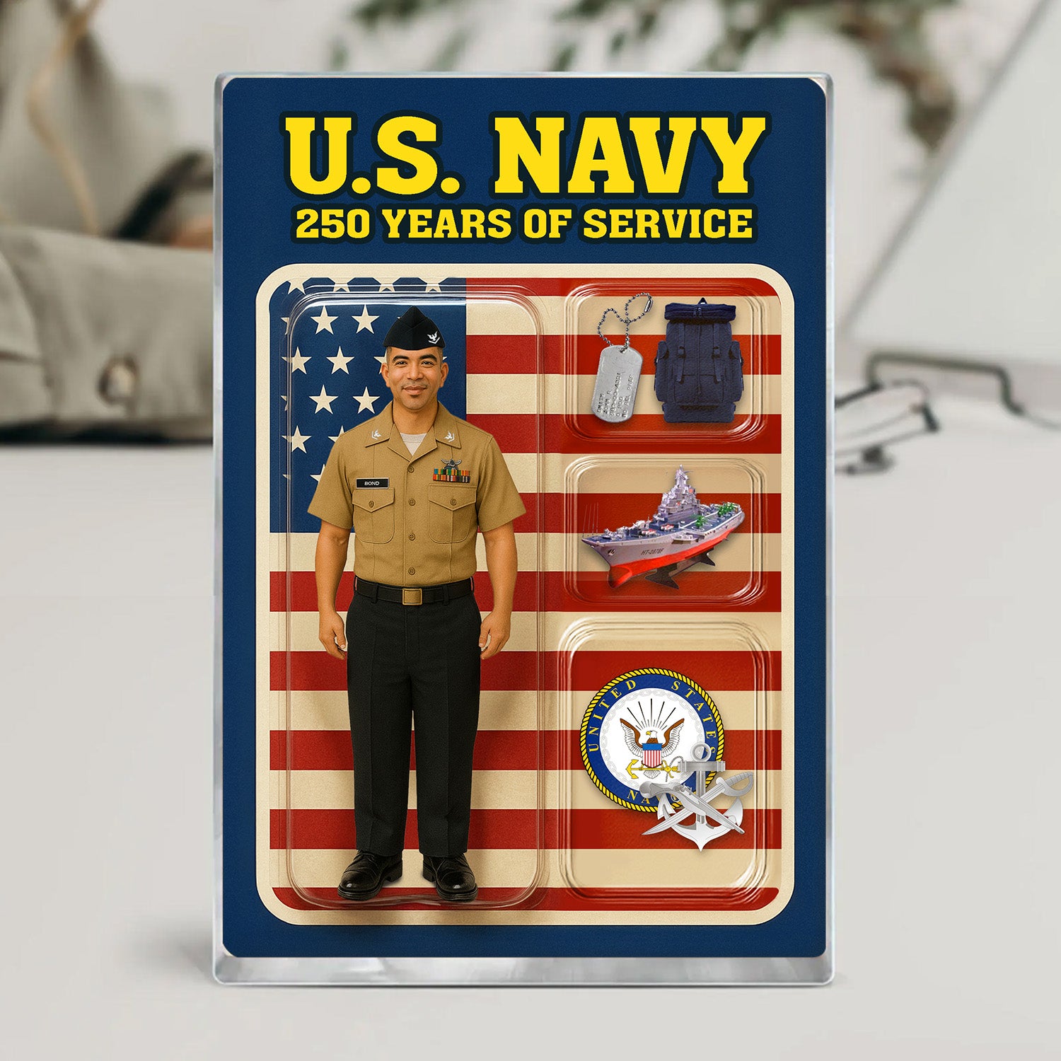 Personalized US Navy 250th Years Of Service Custom Figure Enlisted Service Uniform Acrylic Block