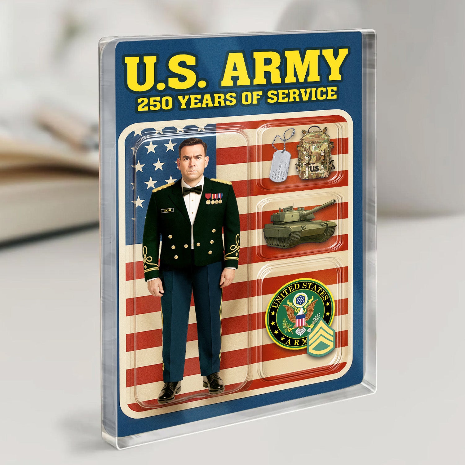 Personalized US Army 250th Years Of Service Custom Figure Male Army Officer Blue Mess Dress Uniform Acrylic Block