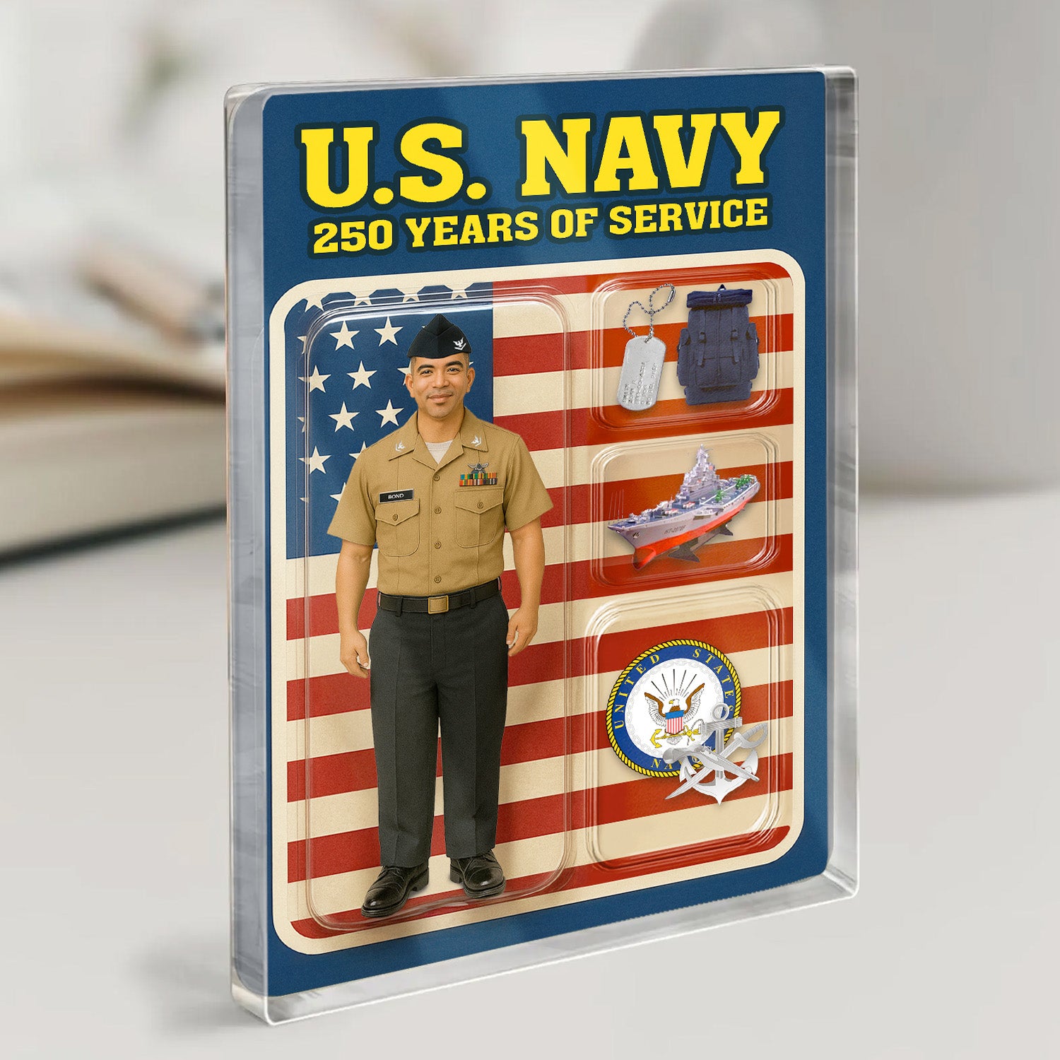 Personalized US Navy 250th Years Of Service Custom Figure Enlisted Service Uniform Acrylic Block