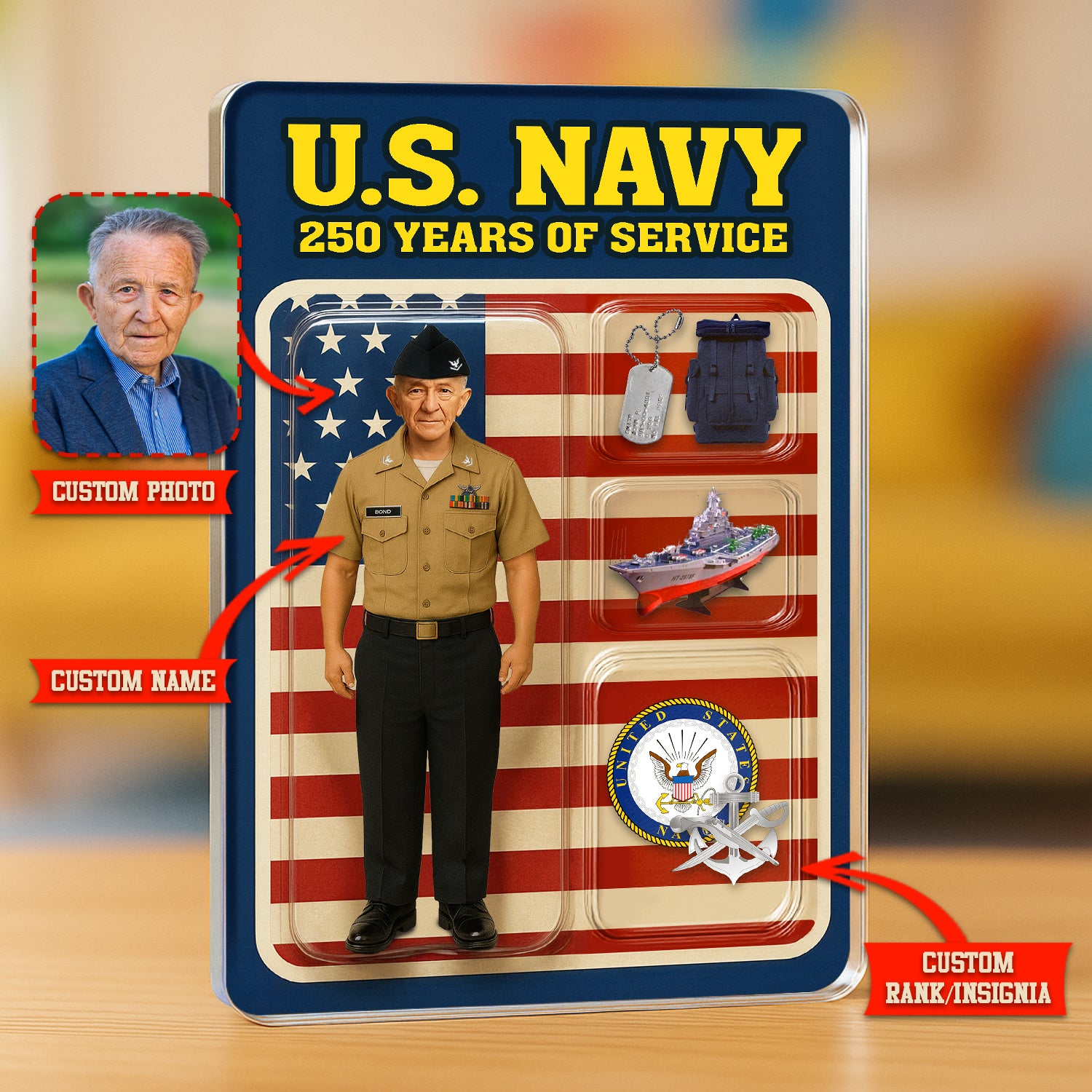 Personalized US Navy 250th Years Of Service Custom Figure Enlisted Service Uniform Acrylic Block