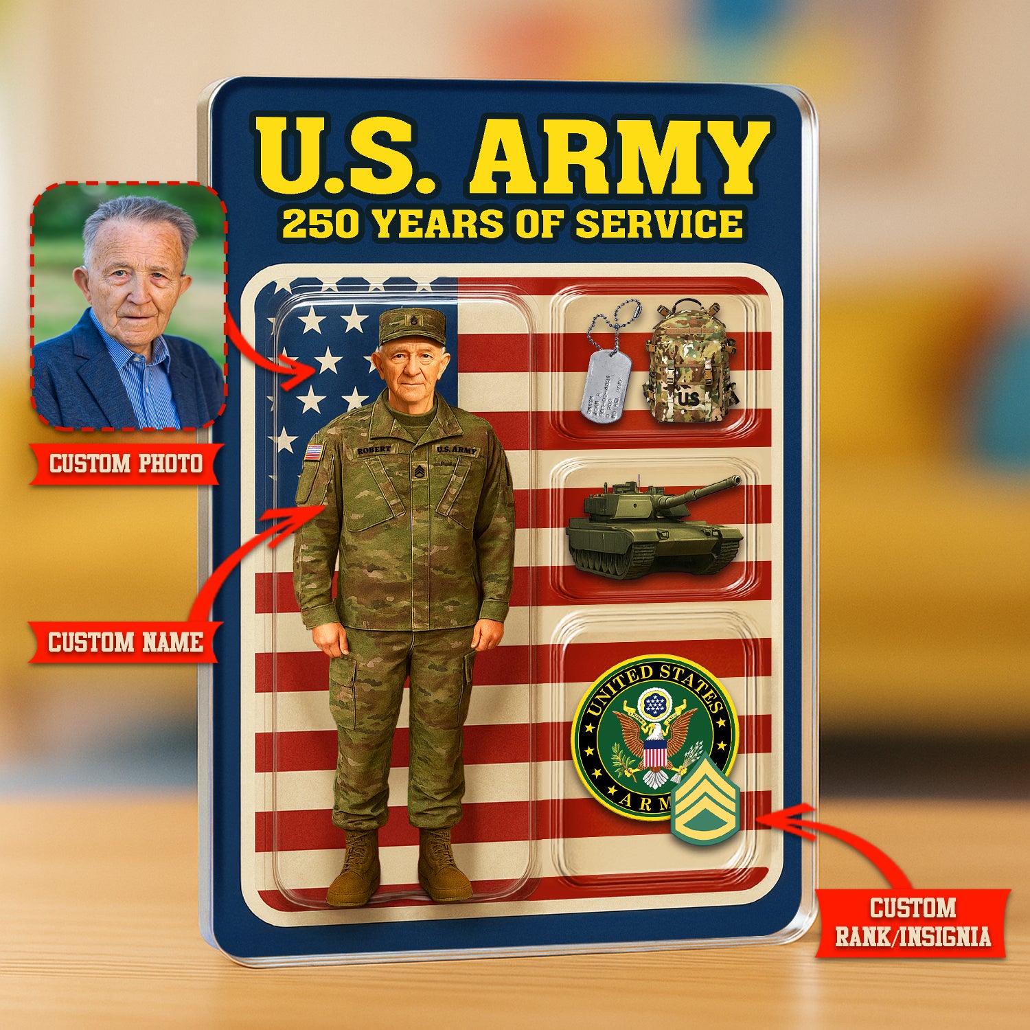 Personalized US Army 250th Years Of Service Custom Figure Army Combat Uniform Acrylic Block