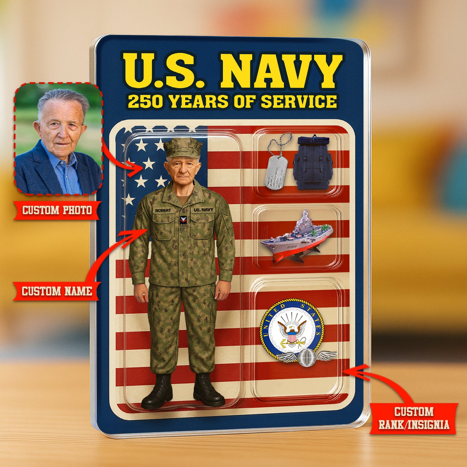 Personalized US Navy 250th Years Of Service Custom Figure Enlisted Working Uniform Acrylic Block